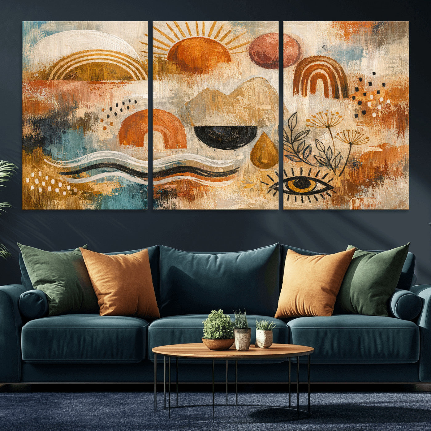 52155239-MGV-CV-36X24 - Geometric Boho Abstract Wall Art Canvas Print, Orange Blue Abstract Expressionist Painting Print, Modern Geometric Abstract Canvas Art