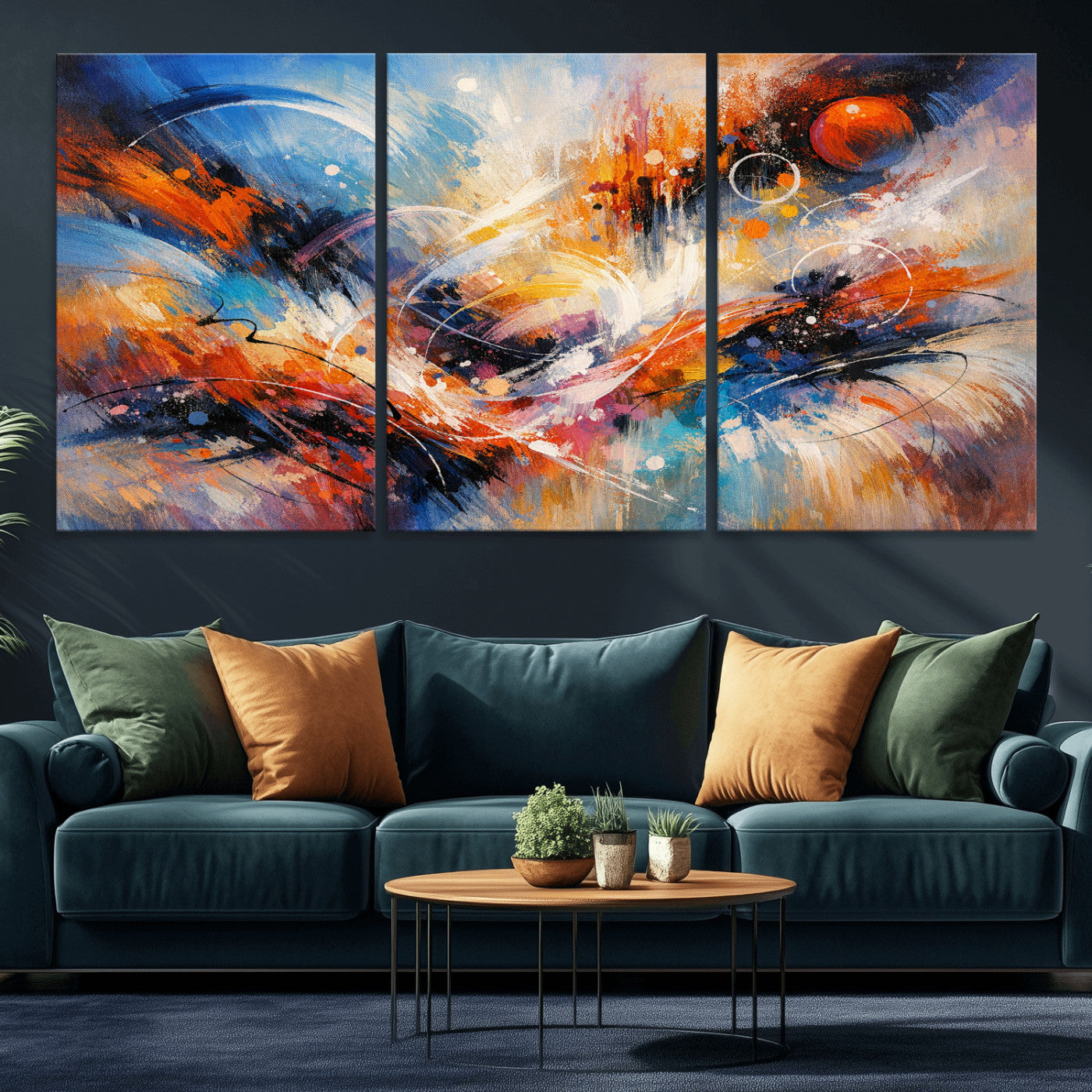 47770355-MGV-CV-36X24 - Geometric Abstract Wall Art Canvas Print, Orange Blue Abstract Expressionist Painting Print, Modern Geometric Abstract Canvas Art