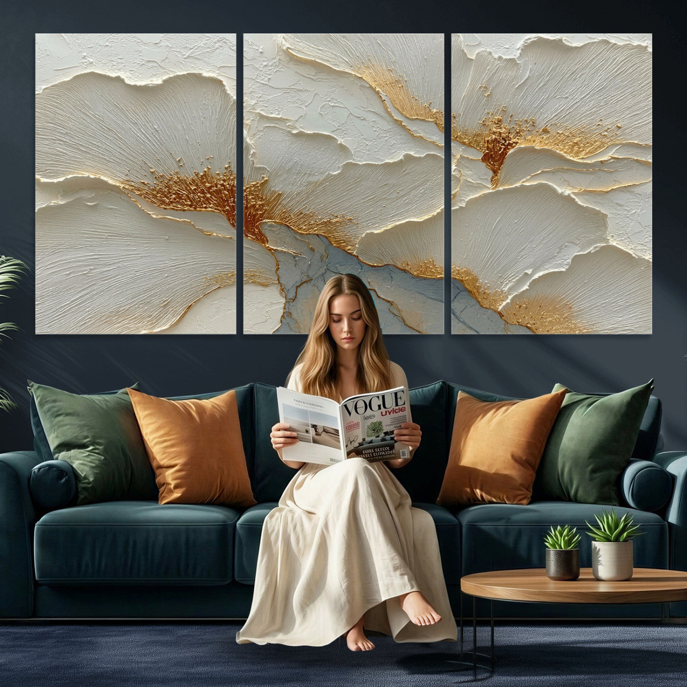 4712069F1-MGV-CV-36X24 - White Gold Floral Canvas Wall Art — Textured Flower Print | Luxury Botanical Decor | Elegant Bedroom Art | Gold Leaf Wall Art Gift