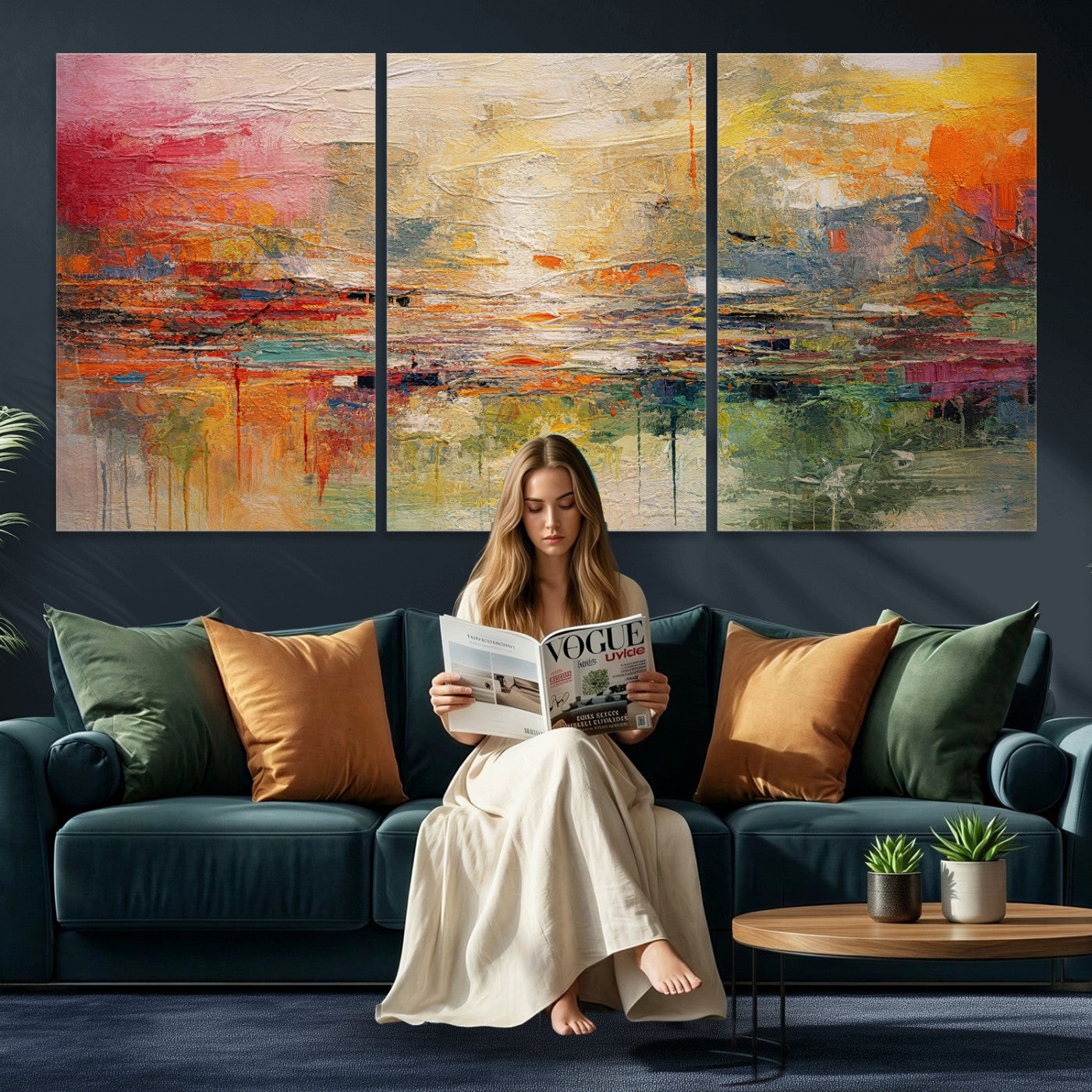 4712069P1-MGV-CV-36X24 - Colorful Abstract Canvas Wall Art — Large Textured Oil Painting Style Print | Orange Red Boho Wall Decor | Modern Living Room Art | Bold Wall Art