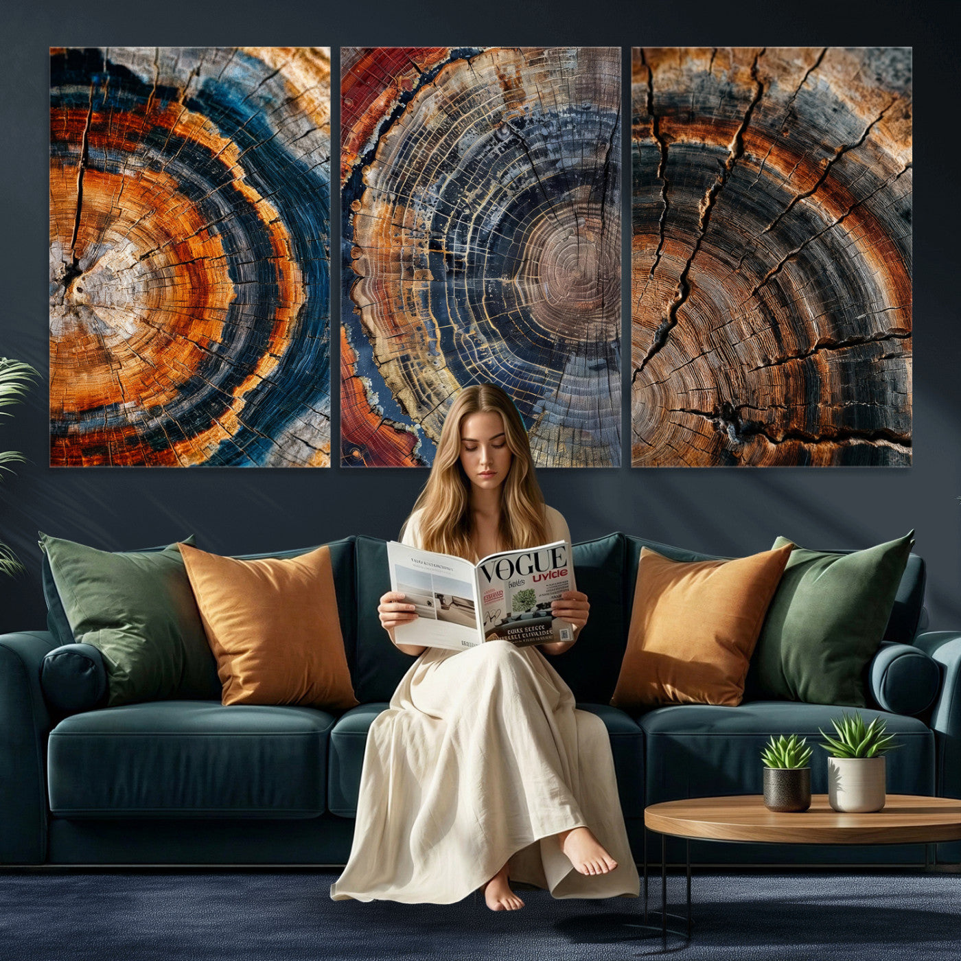 4712069W1-MGV-CV-48X32-3P - Tree Ring Triptych Canvas Wall Art — Set of 3 Wood Grain Print | Rustic Nature Decor | Earth Tone Wall Art | Unique Living Room Art Gift