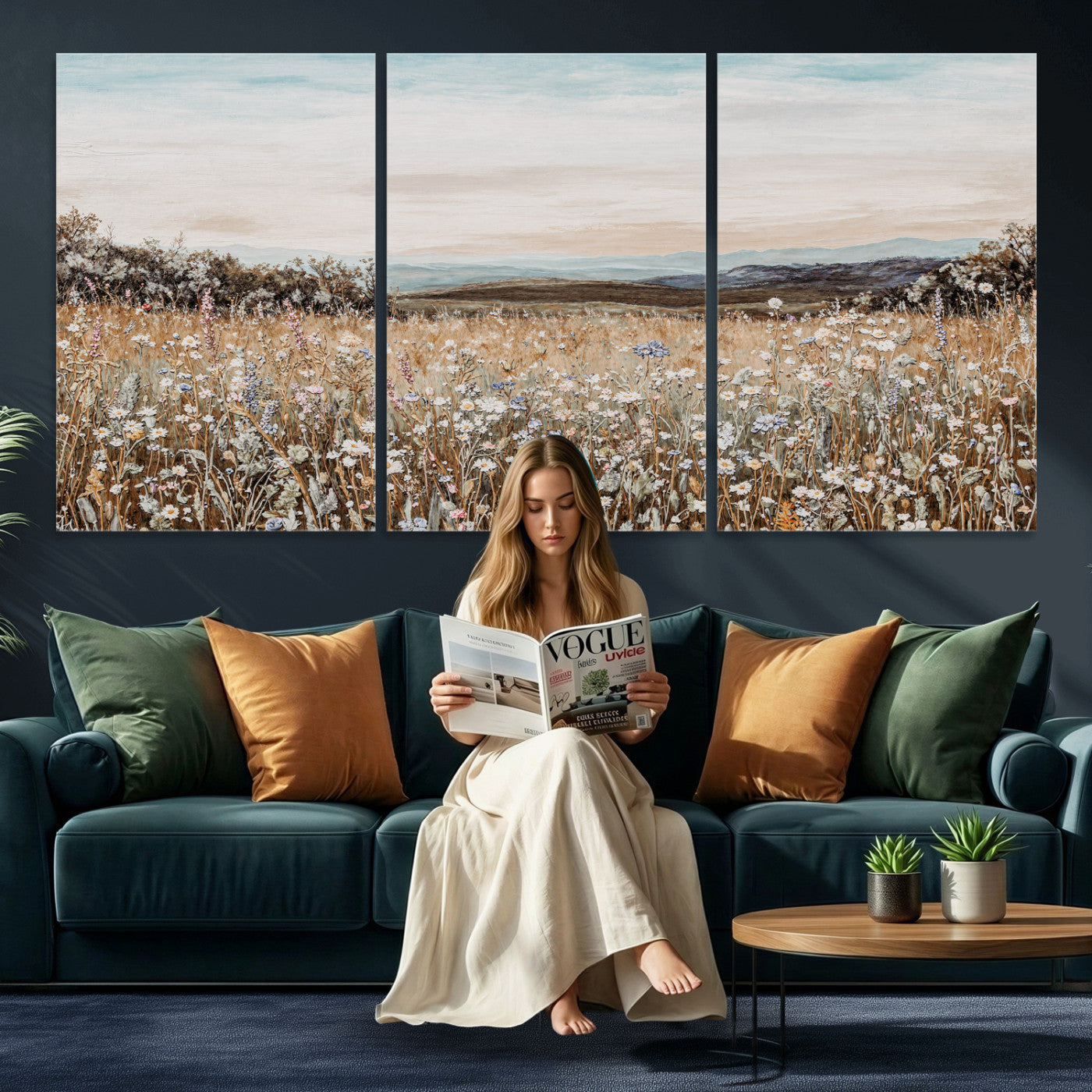 F35773805-MGV-CV-36X24 - Neutral Wildflower Field Canvas Wall Art — Beige Earth Tone Botanical Meadow Print | Farmhouse Boho Decor | Bedroom Living Room Gift Her