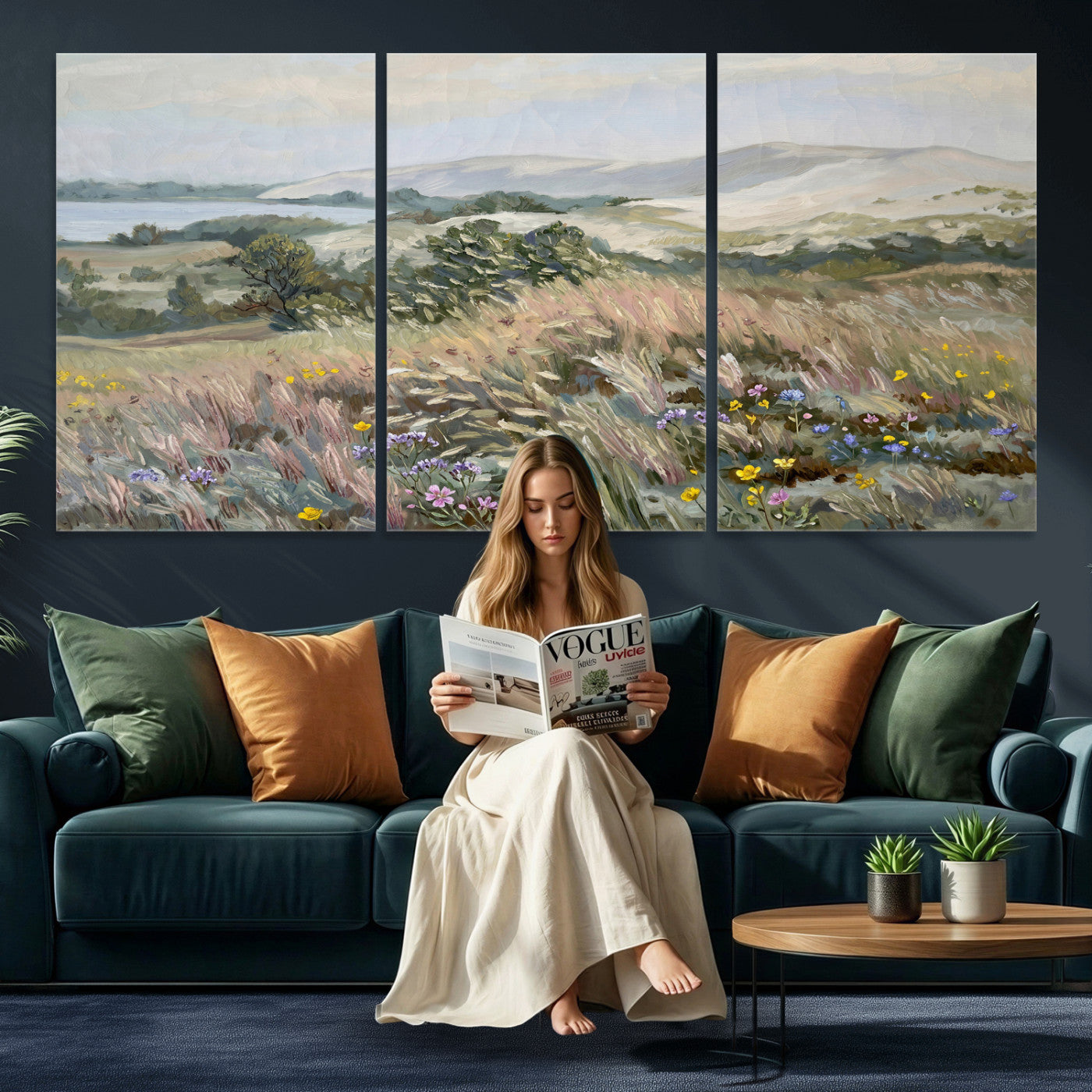 18013232-MGV-CV-36X24 - Katie Staples Hillside Canvas Wall Art — Coastal Wildflower Dune Oil Painting Print | Muted Green Nature Decor | Plein Air Landscape Gift