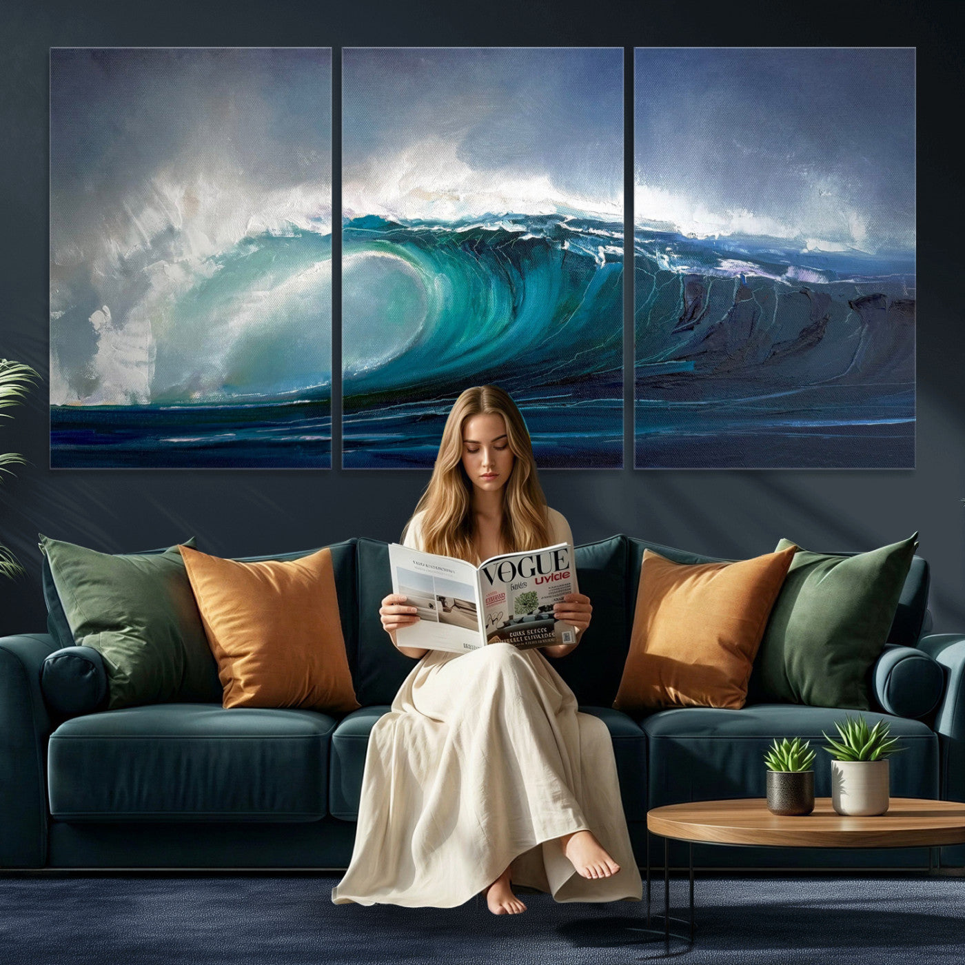 35491180-MGV-CV-60X30-3P - Ocean Wave Canvas Wall Art, Dramatic Teal Blue Seascape Oil Painting Print, Stormy Sea Coastal Decor, Large Beach House Art, Surf Wave Statement Art
