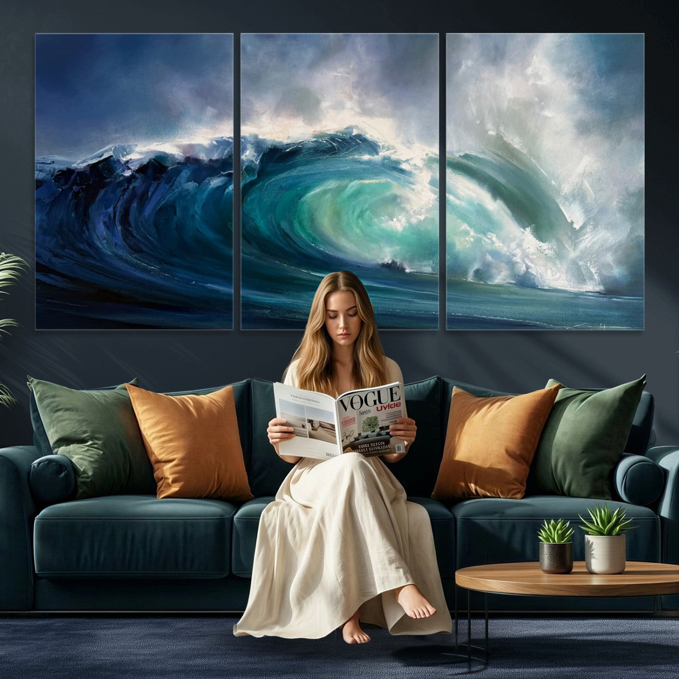 80752160-MGV-CV-60X30-3P - Ocean Wave Canvas Wall Art, Dramatic Teal Blue Seascape Oil Painting Print, Stormy Sea Coastal Decor, Large Beach House Art, Surf Wave Statement Art
