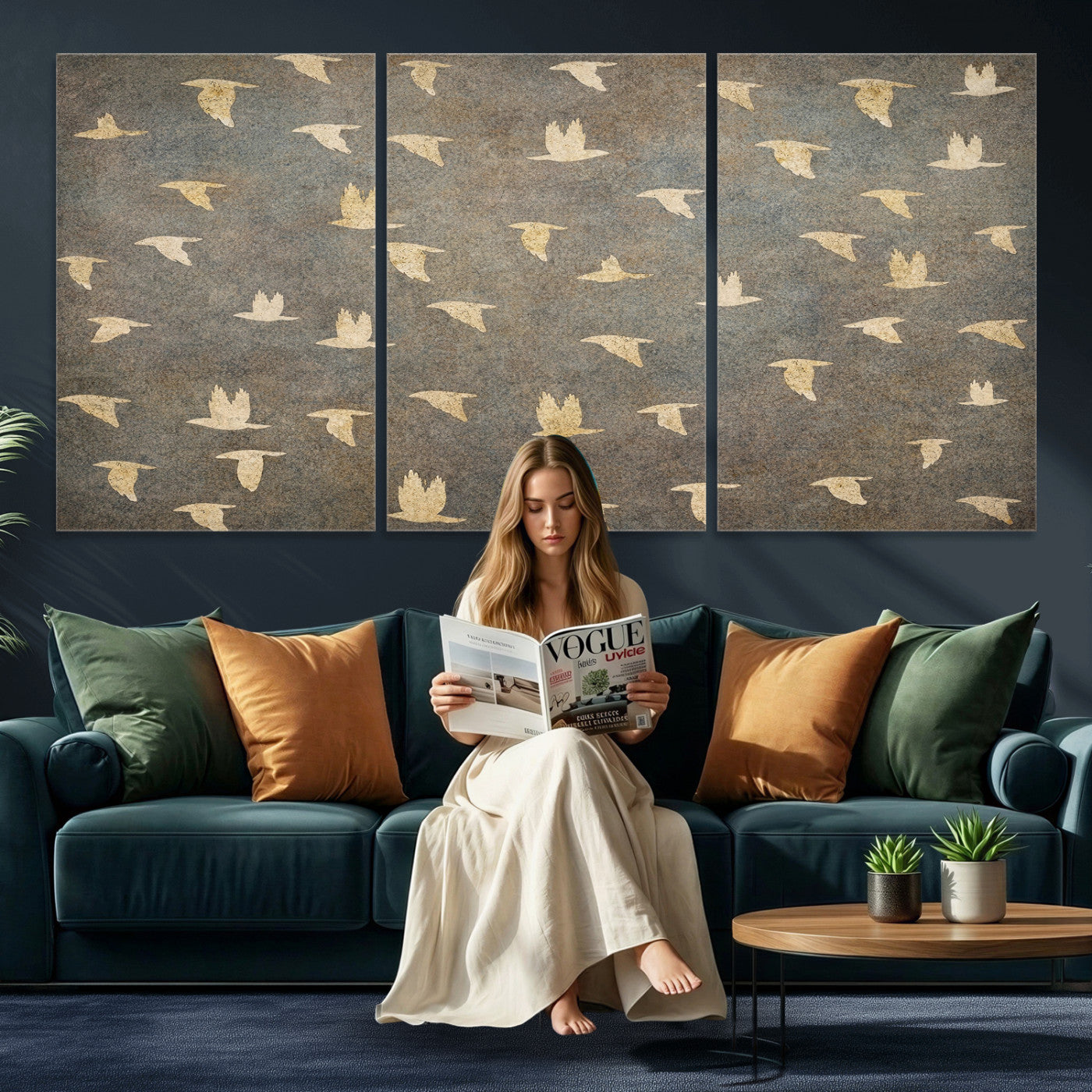 74076164-MGV-CV-36X24 - Flying Birds Canvas Wall Art, Vintage Bird Flock Pattern Print, Grey Gold Abstract Nature Decor, Rustic Bird Silhouette Art, Boho Living Room Decor