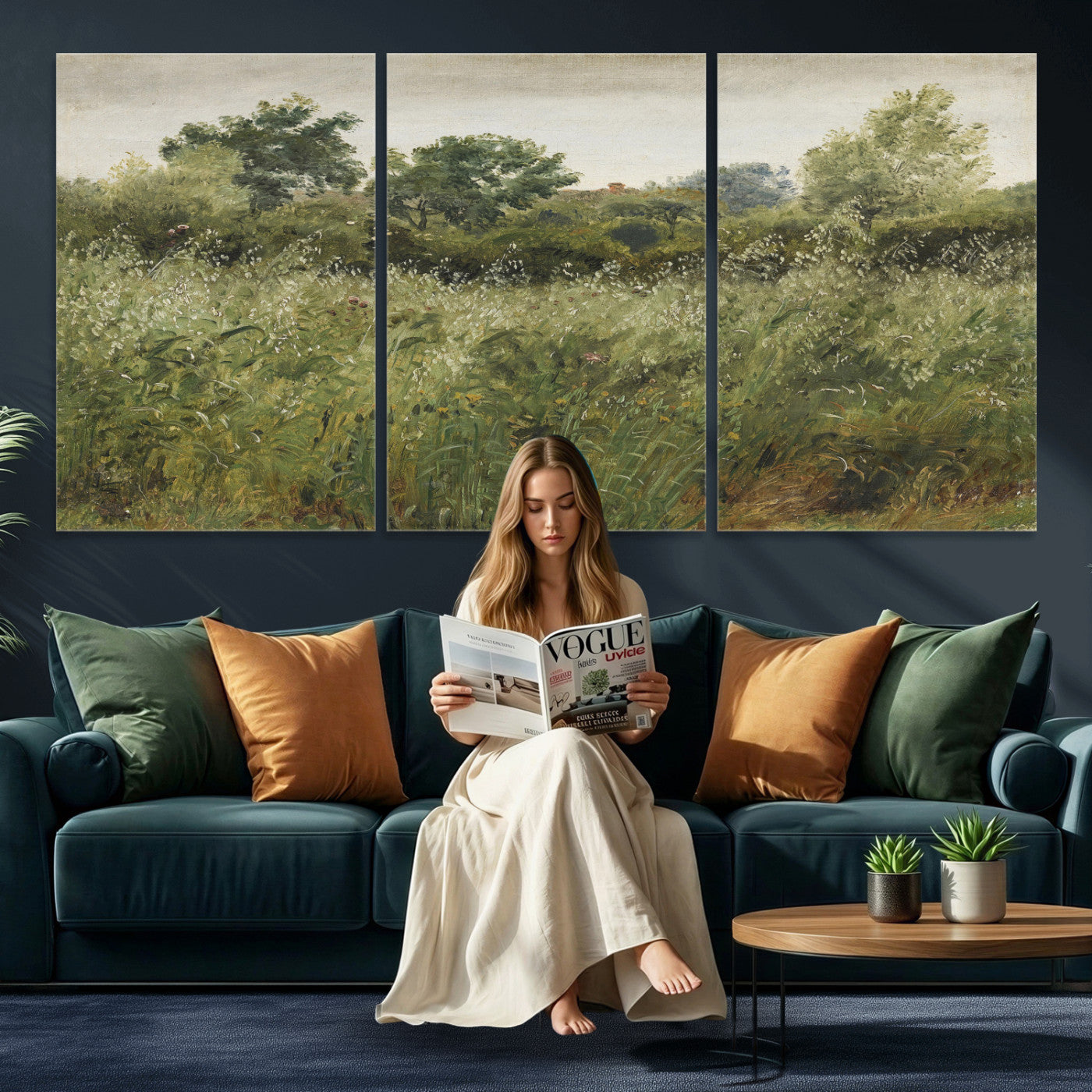 92328261-MGV-CV-36X24 - Wildflower Meadow Canvas Wall Art, Impressionist Overgrown Field Painting Print, Vintage Green Nature Decor, Cottagecore Botanical Art, Living Room Print