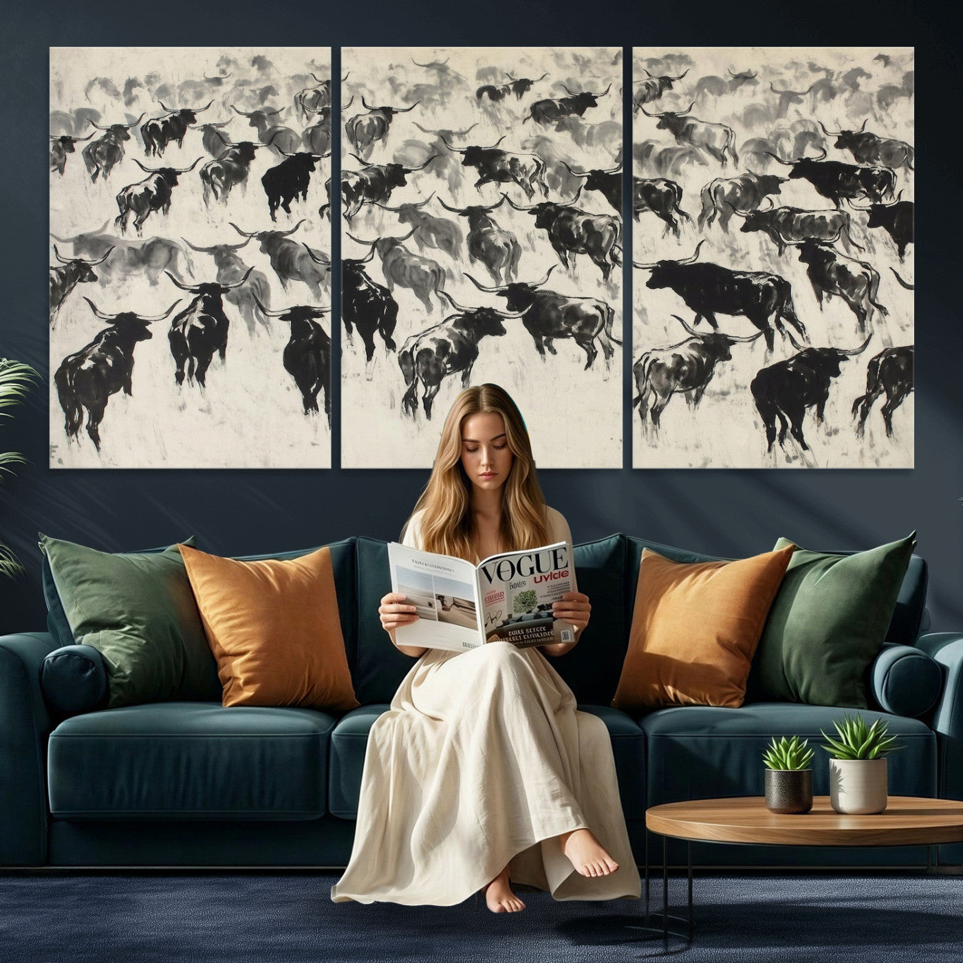 68669792-MGV-CV-36X24 - Longhorn Cattle Canvas Wall Art, Black White Stampede Ink Painting Print, Western Farmhouse Decor, Bull Herd Art, Large Living Room Wall Art, Ranch Home Decor