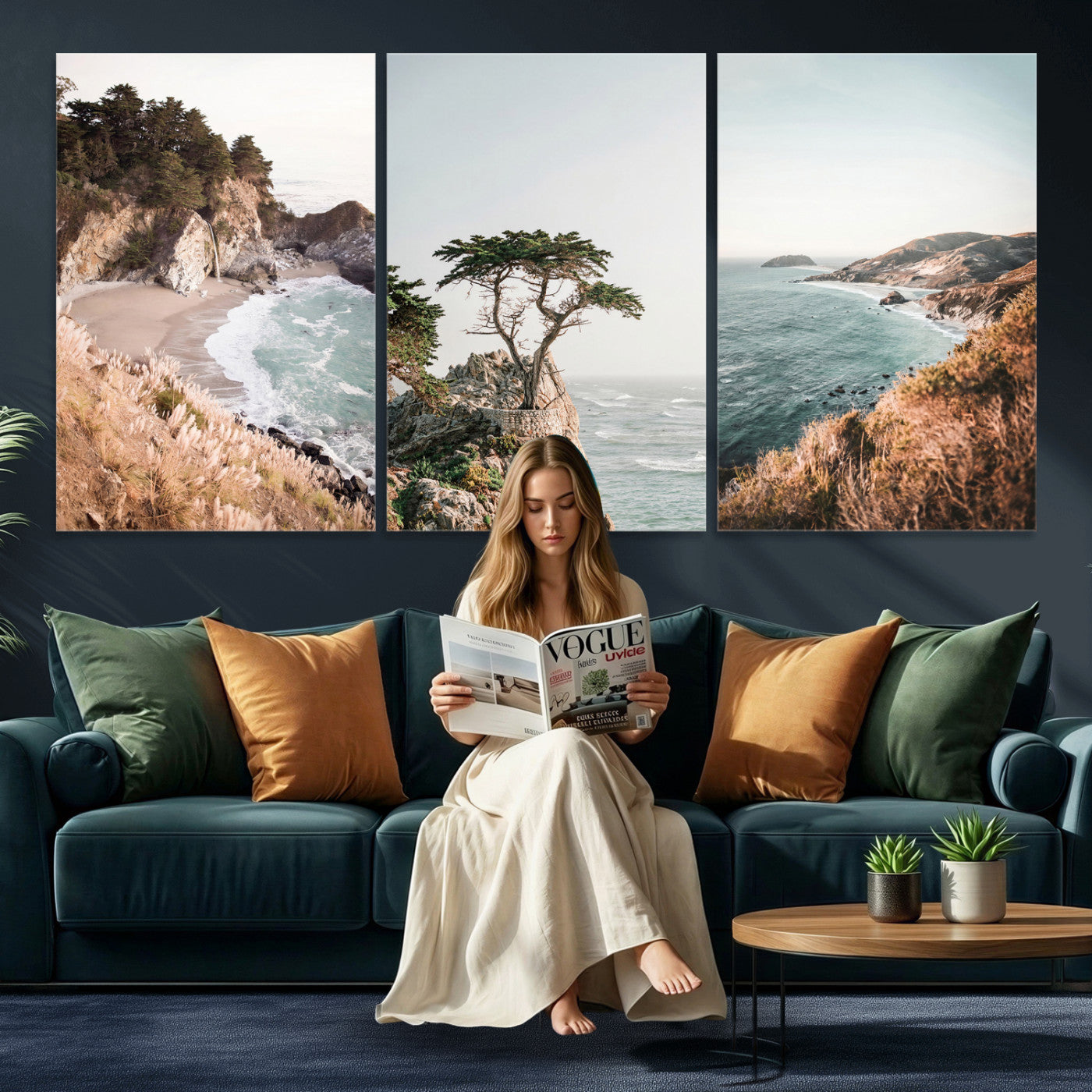 68839391G-MGV-CV-60X30-3P - California Coast Canvas Wall Art Set, Big Sur McWay Falls Lone Cypress Triptych Print, Coastal Photography Decor, Beach House Wall Art