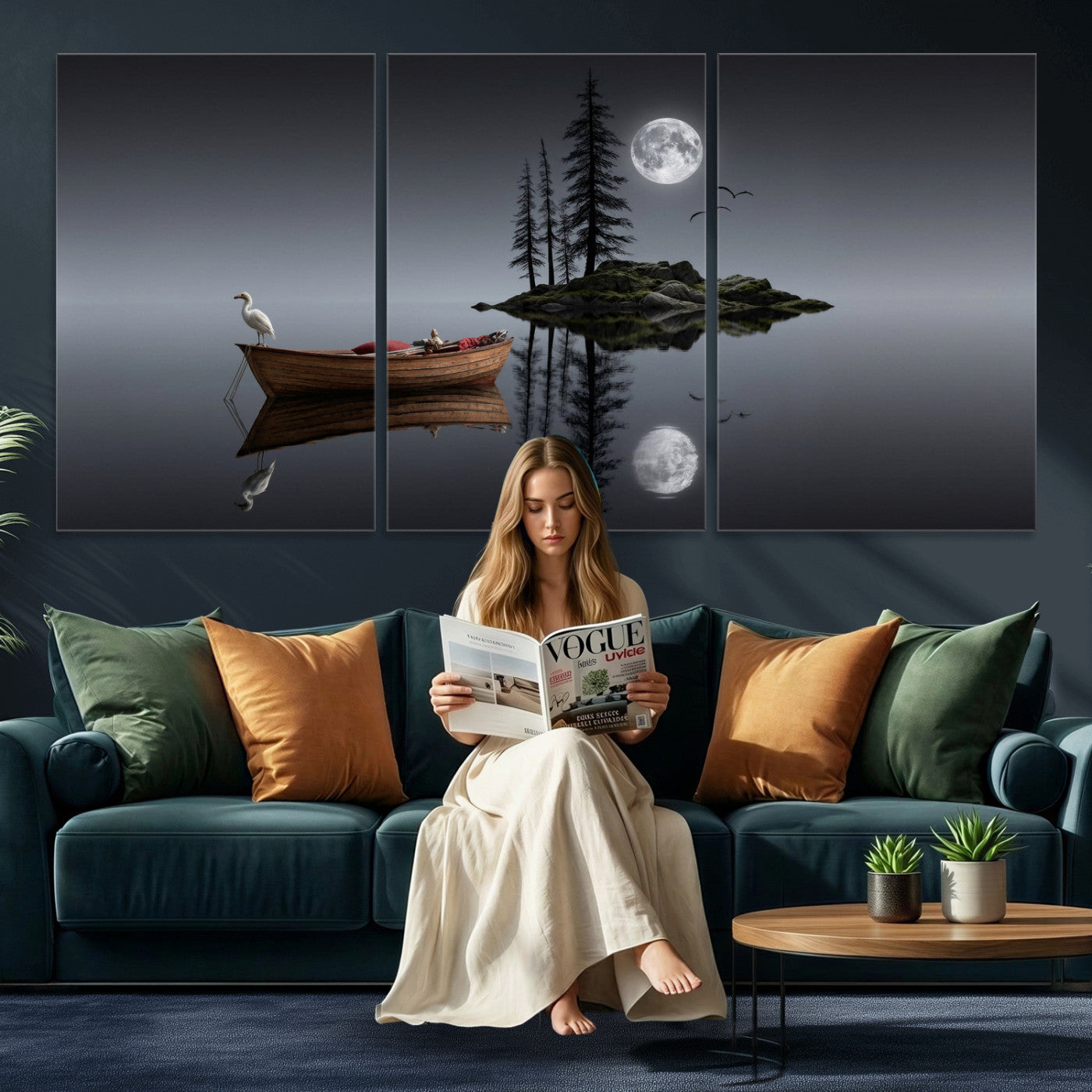 68839391D-MGV-CV-60X30-3P - Moonlit Lake Canvas Wall Art, Dreamy Boat Heron Full Moon Night Print, Dark Fantasy Nature Decor, Moody Bedroom Art, Surreal Landscape Wall Art