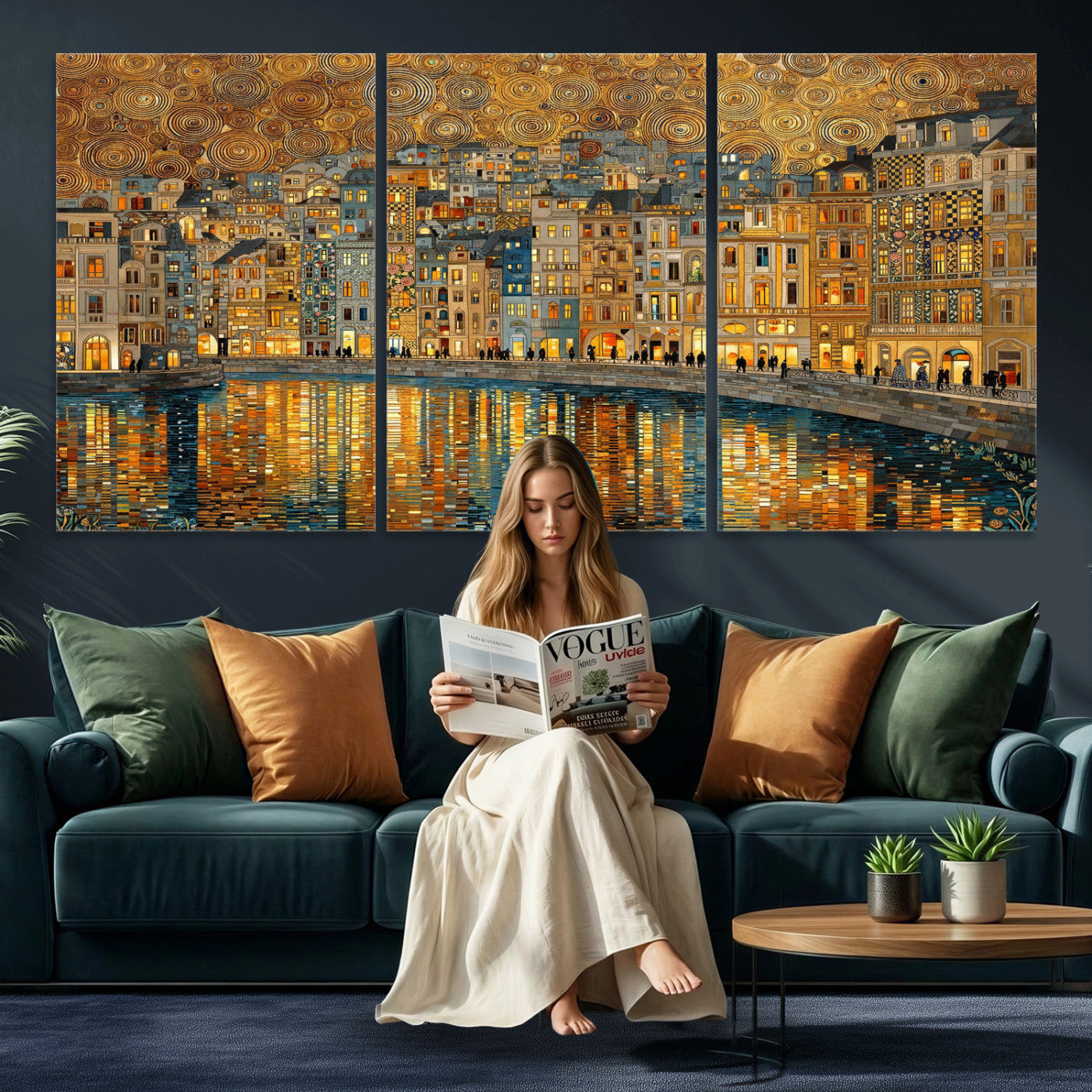 94022787-MGV-CV-36X24 - Gustav Klimt Golden Cityscape Wall Art Canvas Print, Framed River Town Landscape Artwork, Ornate Architecture Wall Decor for Living Room Bedroom Office