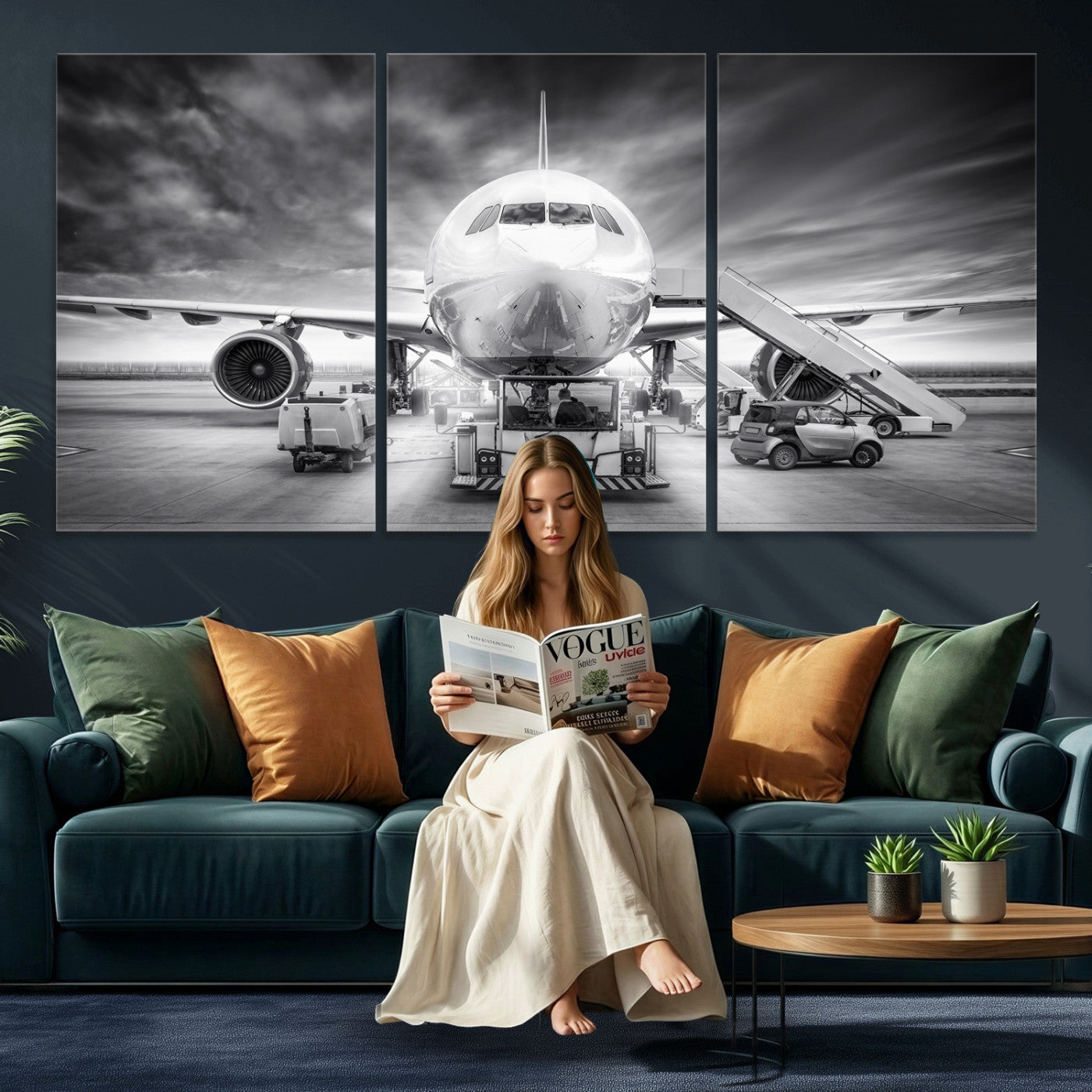 85885848-MGV-CV-36X24 - Airplane Wall Art Canvas Print, Black and White Jet Aircraft Airport Runway Framed Aviation Artwork for Pilot Office Hangar Travel Decor
