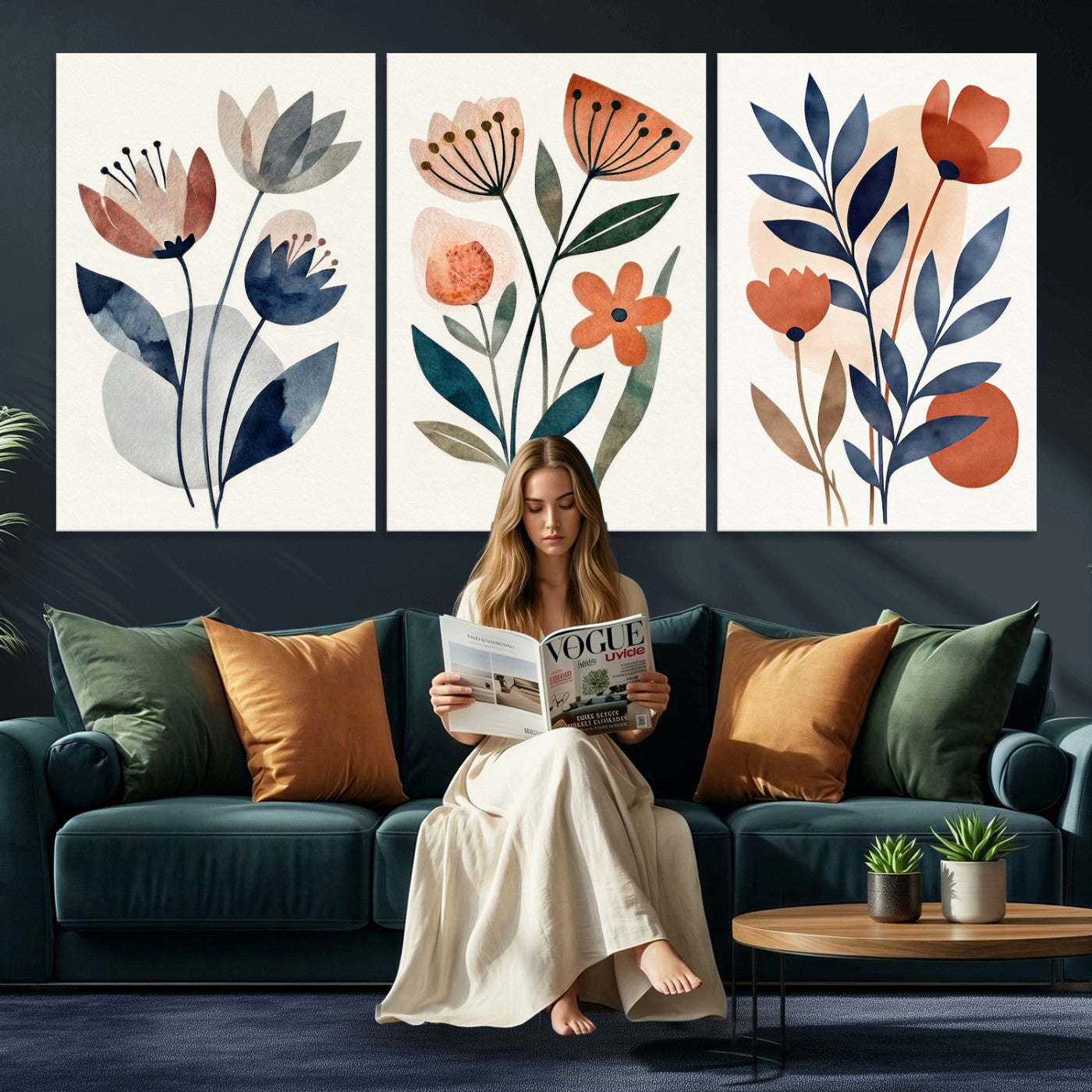 64426285-MGV-CV-60X30-3P - Watercolor Botanical Canvas Wall Art Set, Navy Terracotta Floral Triptych Print, Minimalist Flower Decor, Boho Living Room Art, Scandinavian Nature Print