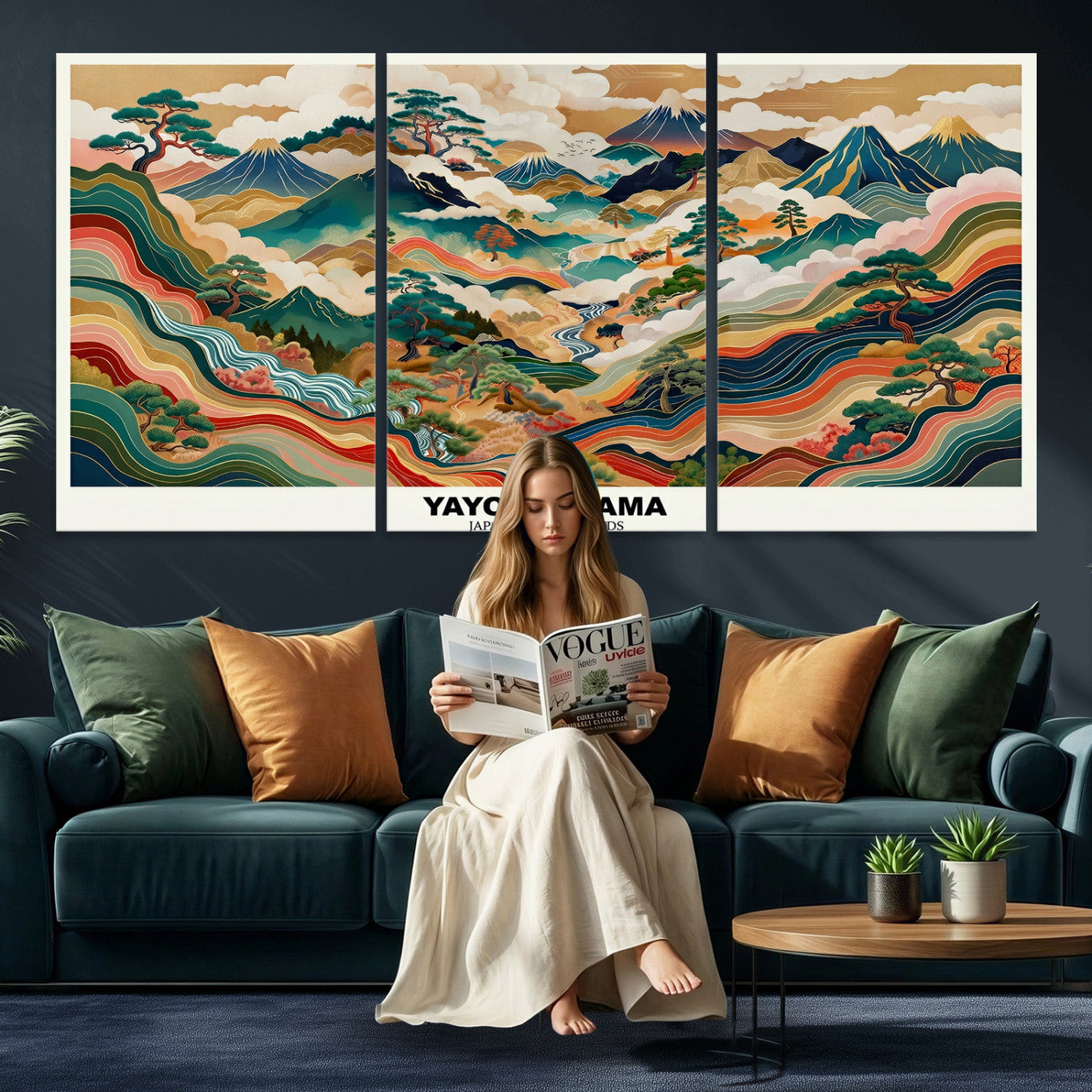 89903380-MGV-CV-60X30-3P - Japanese Grasslands Canvas Wall Art, Kusama Inspired Landscape Print, Colorful Japanese Nature Poster, Ukiyo-e Style Mountain Decor, Asian Art Print