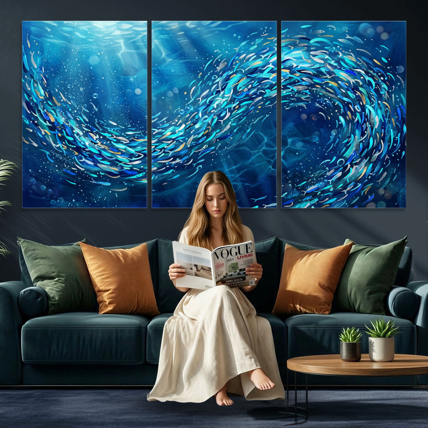 54535639-MGV-CV-36X24 - School of Fish Canvas Print | Blue Ocean Underwater Wall Art | Swirling Fish Shoal Illustration | Marine Navy Coastal Decor