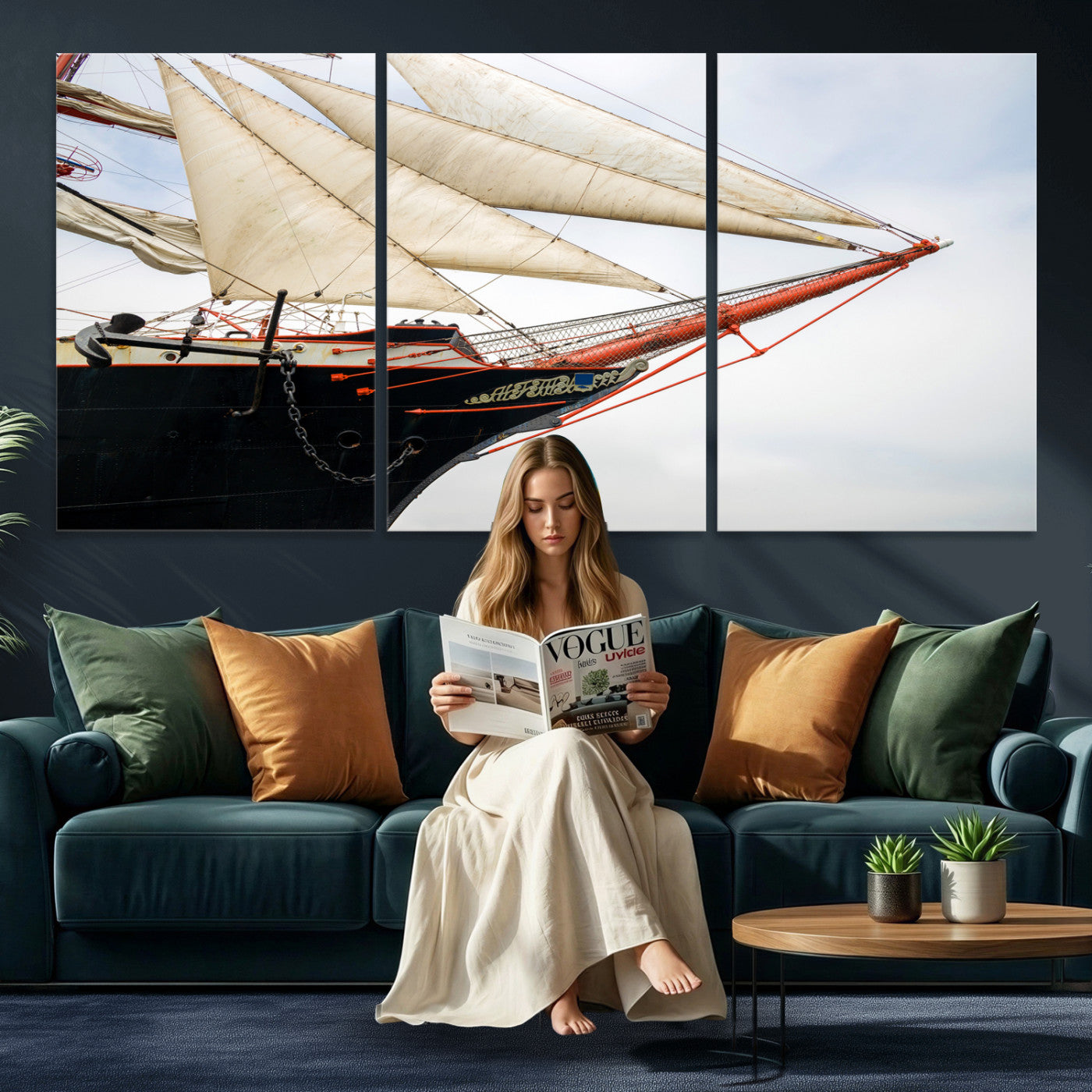 64830036-MGV-CV-36X24 - Sailboat Wall Art Canvas Print, Vintage Ship Bow Framed Artwork, Nautical Sailing Decor for Living Room Office Beach House