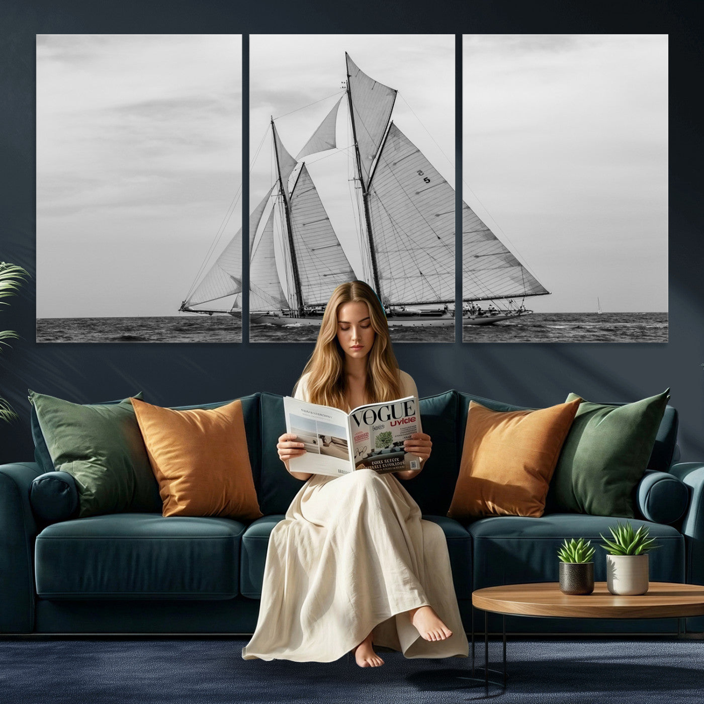 52882918-MGV-CV-36X24 - Vintage Sailboat Wall Art Canvas Print, Black and White Schooner Framed Artwork, Nautical Ocean Sailing Decor for Living Room Office Beach House