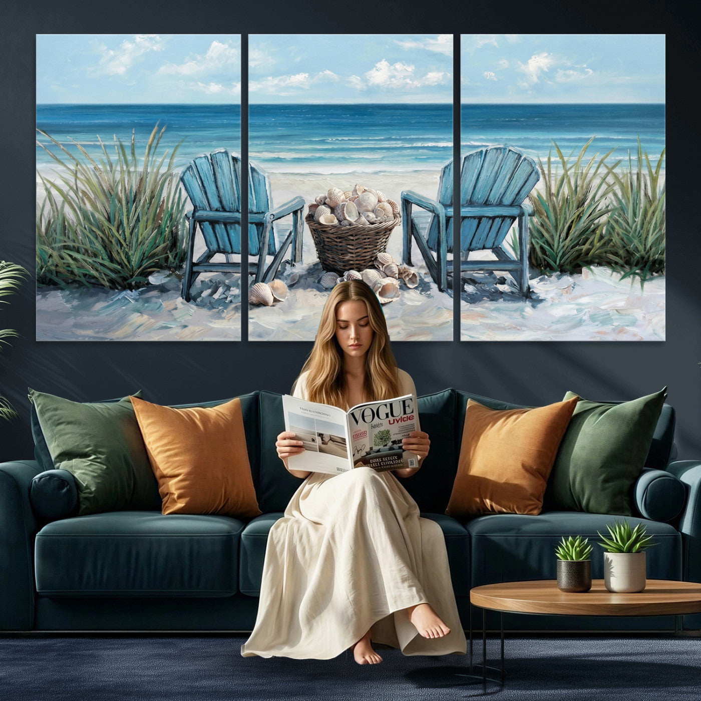 11973028-MGV-CV-36X24 - Beach Canvas Wall Art Coastal Adirondack Chairs Ocean Seashells Blue Nautical Framed Large for Living Room Bedroom Bathroom Decor