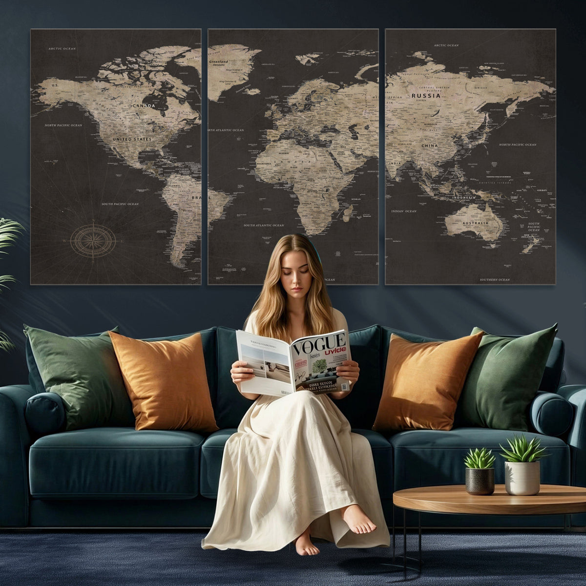 56556018136-MGV-CV-36X24 - World Map Canvas Wall Art Dark Charcoal Antique Tan Detailed