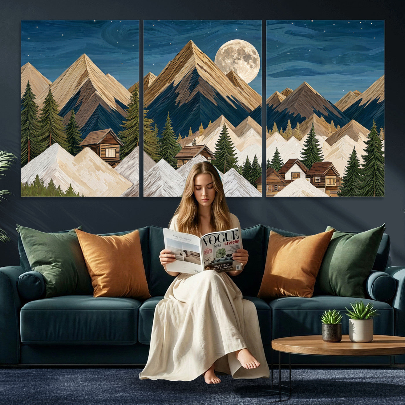 17622011MO-MGV-CV-60X30-3P - Moonlit Mountain Cabin Wall Art Canvas Print, Rustic Mountain Landscape Canvas Print, Woodland Cabin Wall Decor, Framed Nature Artwork Ready to Hang