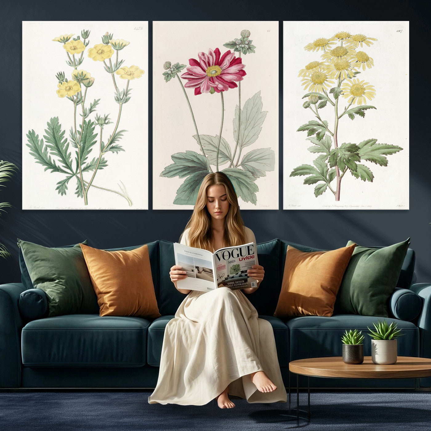 17622011MF-MGV-CV-60X30-3P - Antique Botanical Canvas Wall Art, Victorian Flower Illustration Triptych Print, Cottagecore Vintage Botanical Decor