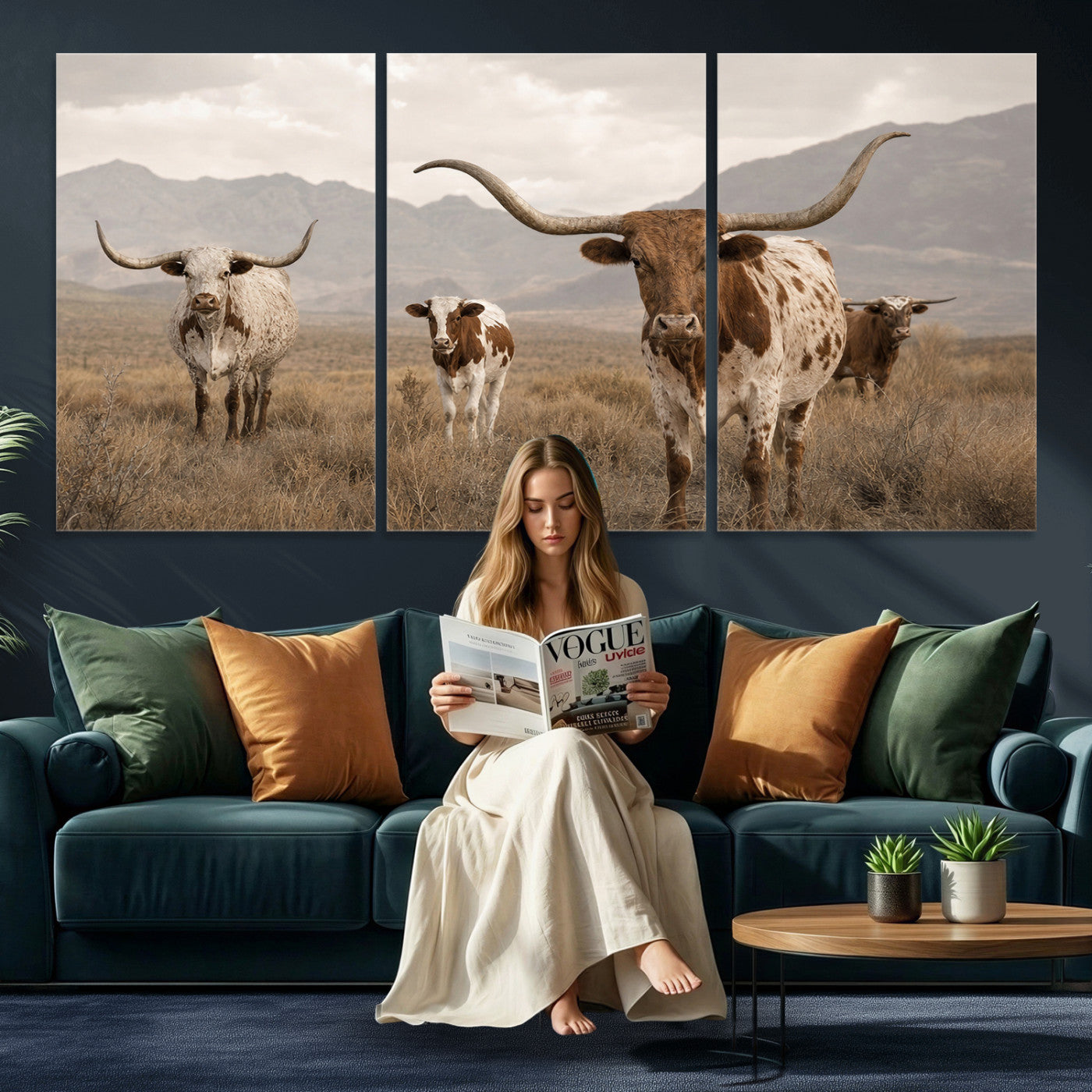 62336425AD-MGV-CV-36X24 - Rustic Texas Longhorn Cow Canvas Wall Art Print, Rustic Farm Animal Photography Print, Farmhouse Country Decor, Western Ranch Art