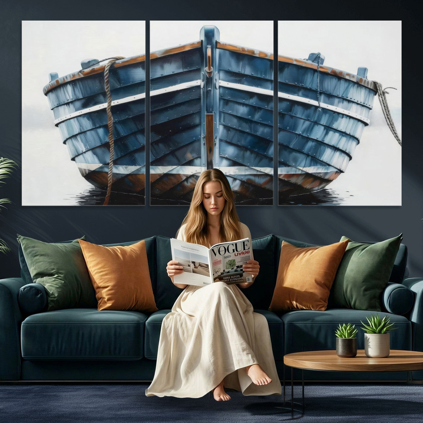 21601740-MGV-CV-36X24 - Blue Wooden Rowboat Canvas Wall Art, Coastal Nautical Boat Painting Print for Lake Beach House Decor, Minimalist Maritime Decor Artwork
