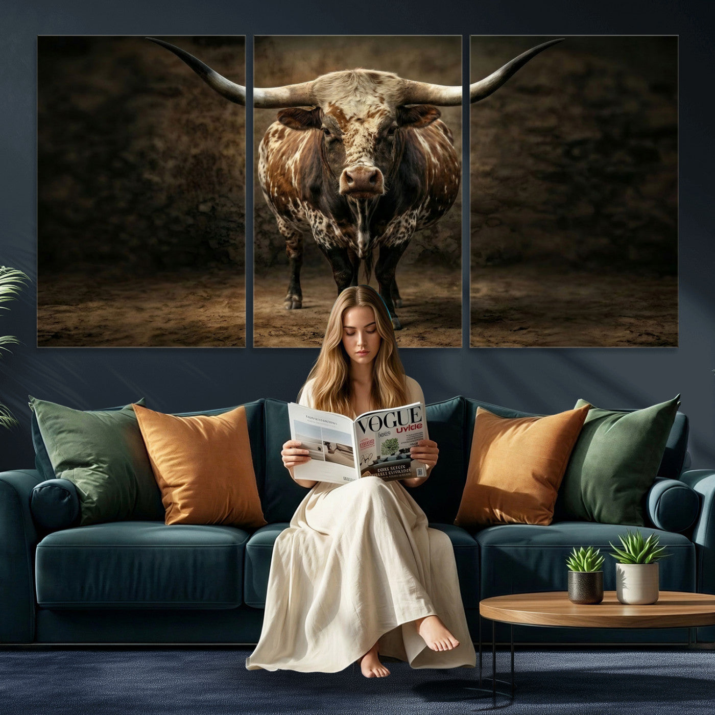 59378683-MGV-CV-60X30-3P - Texas Longhorn Bull Canvas Wall Art, Western Ranch Cattle Photography Print, Rustic Farmhouse Cowboy Decor Artwork