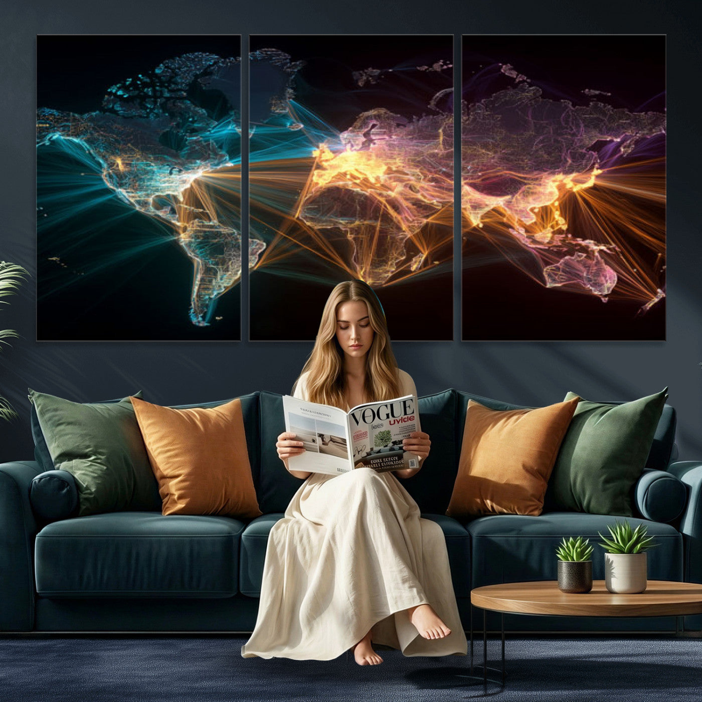 14891737-MGV-CV-36X24 - World Map and Global Flight Routes Map Canvas Wall Art, Worldwide Aviation Network Print, International Air Travel Wall Decor