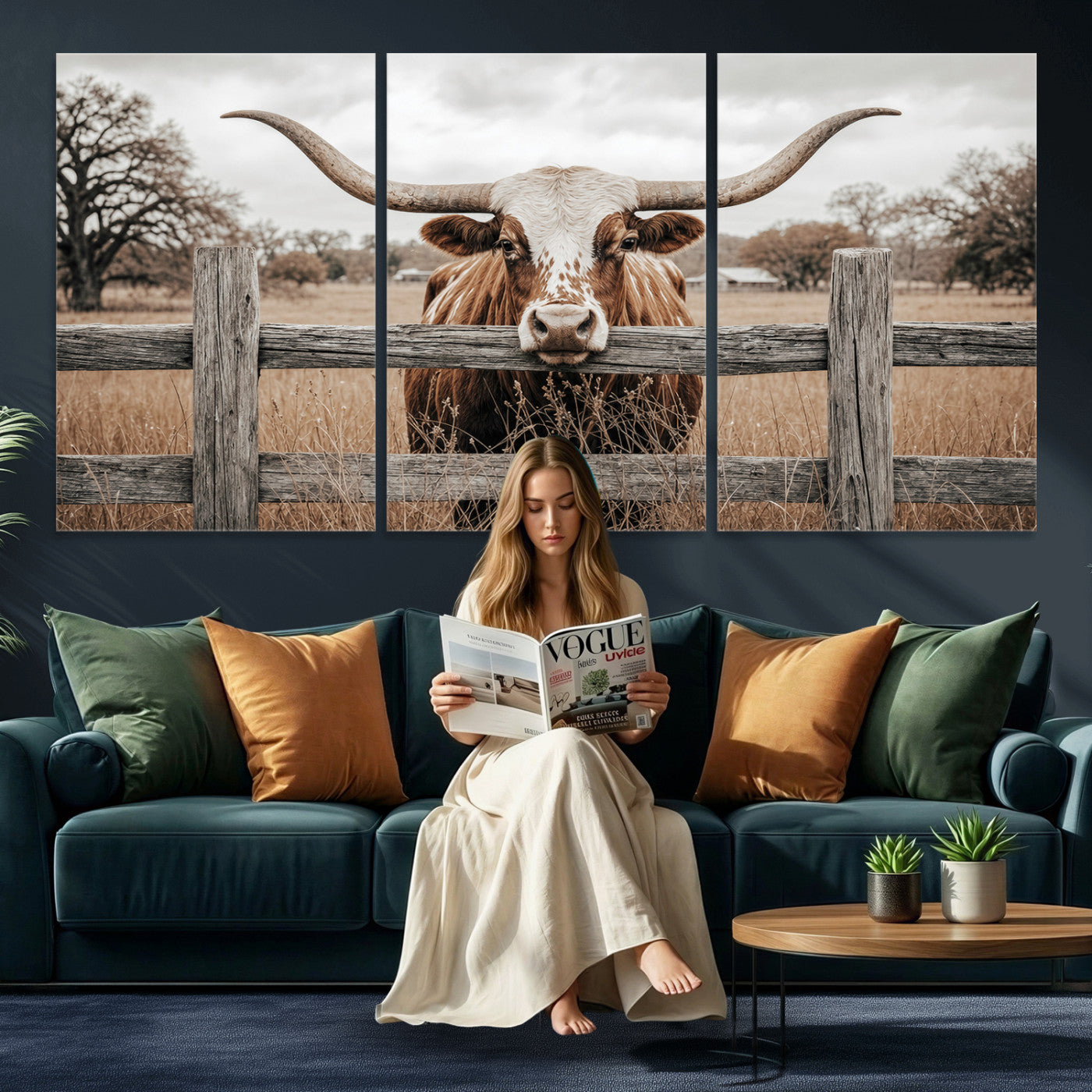 59378683N-MGV-CV-60X30-3P - Farmhouse Texas Longhorn Bull Canvas Wall Art, Western Ranch Cattle Photography Print, Rustic Barn Cowboy Decor Artwork