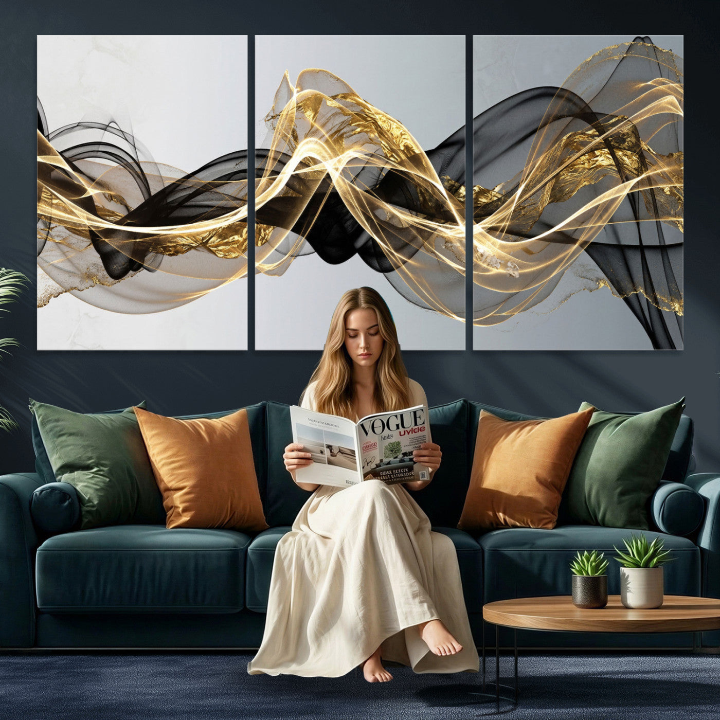 79483321DL-MGV-CV-36X24 - Black and Gold Abstract Wall Art, Modern Wave Canvas Print, Elegant Flowing Smoke Art, Luxury Living Room Decor
