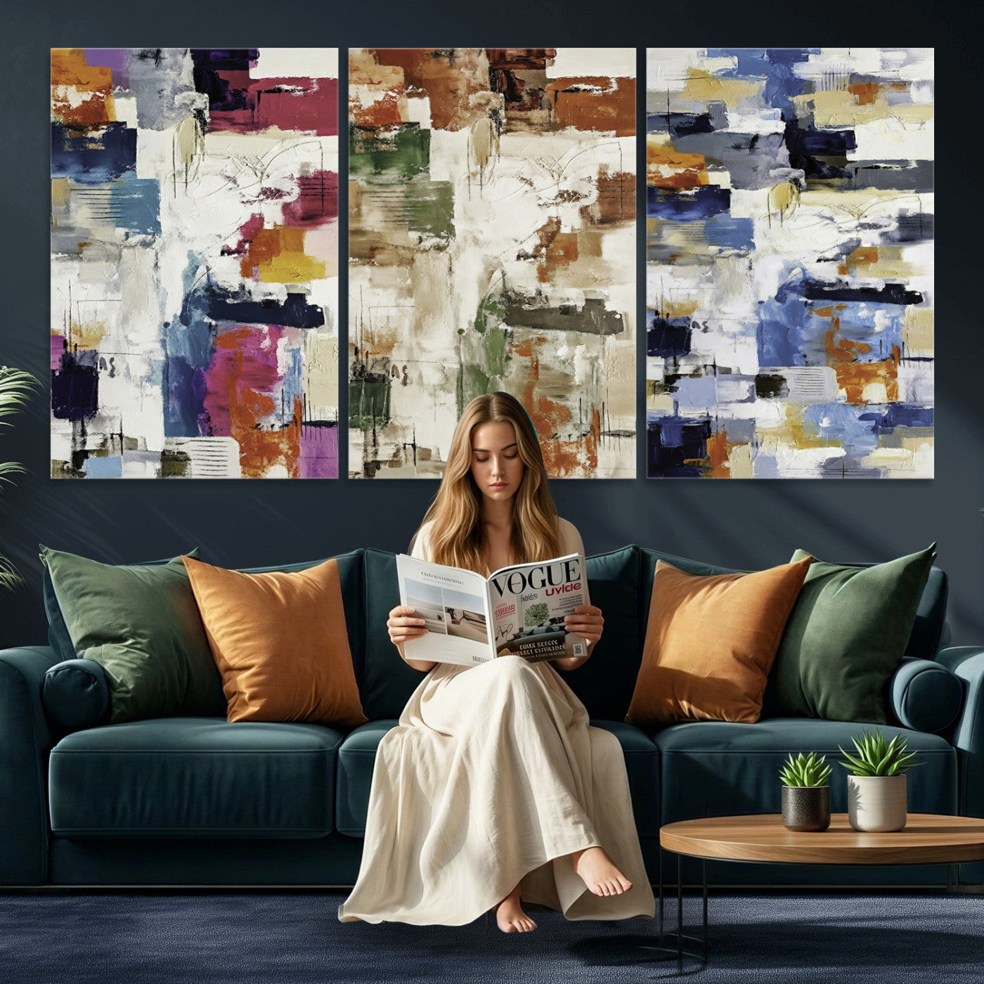 33267833-MGV-CV-60X30-3P - Blue Teal Abstract Canvas Wall Art, Modern Textured Painting Print, Navy Orange White Contemporary Art, Neutral Living Room Decor, Office Art