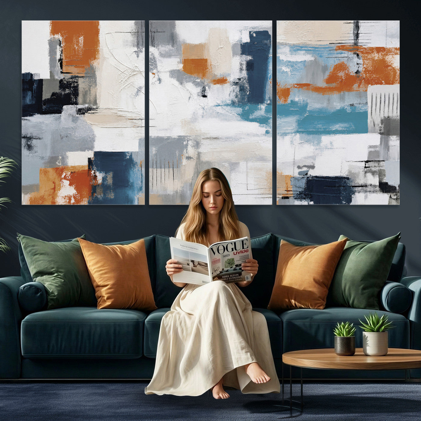 44950303-MGV-CV-36X24 - Blue Teal Abstract Canvas Wall Art, Modern Textured Painting Print, Navy Orange White Contemporary Art, Neutral Living Room Decor, Office Art