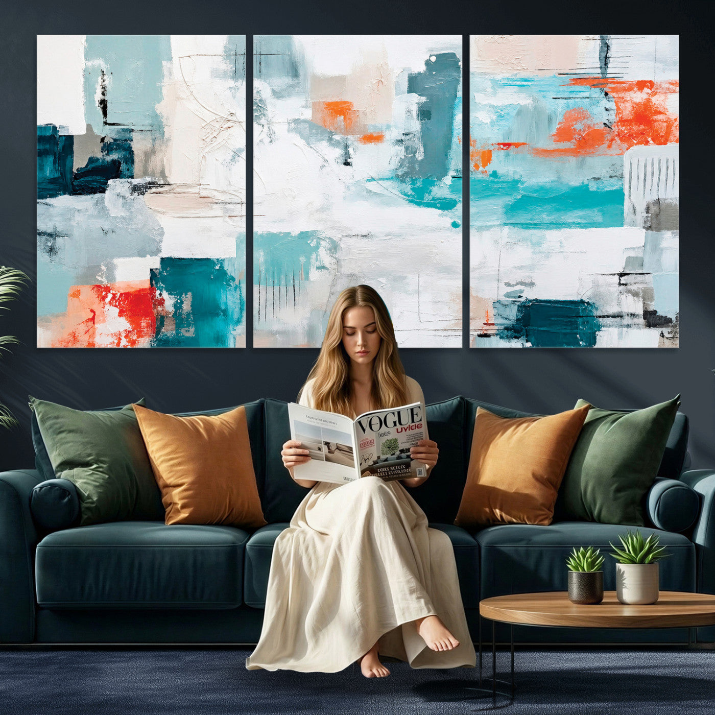 98638479-MGV-CV-36X24 - Blue Teal Abstract Canvas Wall Art | Modern Textured Painting Print, Navy Orange White Contemporary Art, Neutral Living Room Decor, Office Art