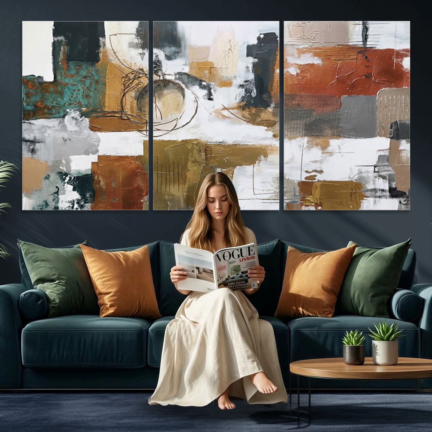 50720312-MGV-CV-36X24 - Blue Teal Abstract Canvas Wall Art, Modern Textured Painting Print, Navy Orange White Contemporary Art, Neutral Living Room Decor, Office Art