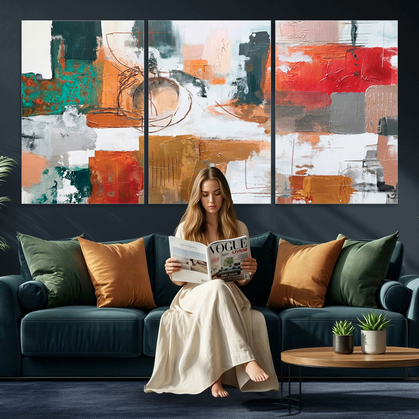 50720312-MGV-CV-36X24 - Blue Teal Abstract Canvas Wall Art | Modern Textured Painting Print, Navy Orange White Contemporary Art, Neutral Living Room Decor, Office Art.