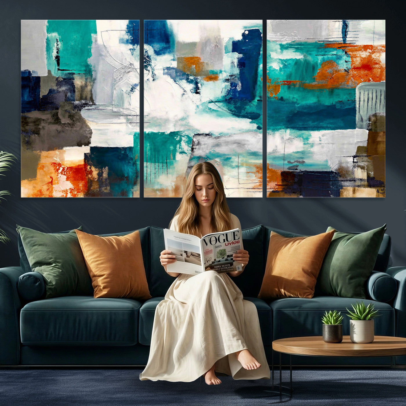 44038089-MGV-CV-36X24 - Blue Teal Abstract Canvas Wall Art, Modern Textured Painting Print, Navy Orange White Contemporary Art, Neutral Living Room Decor, Office Art