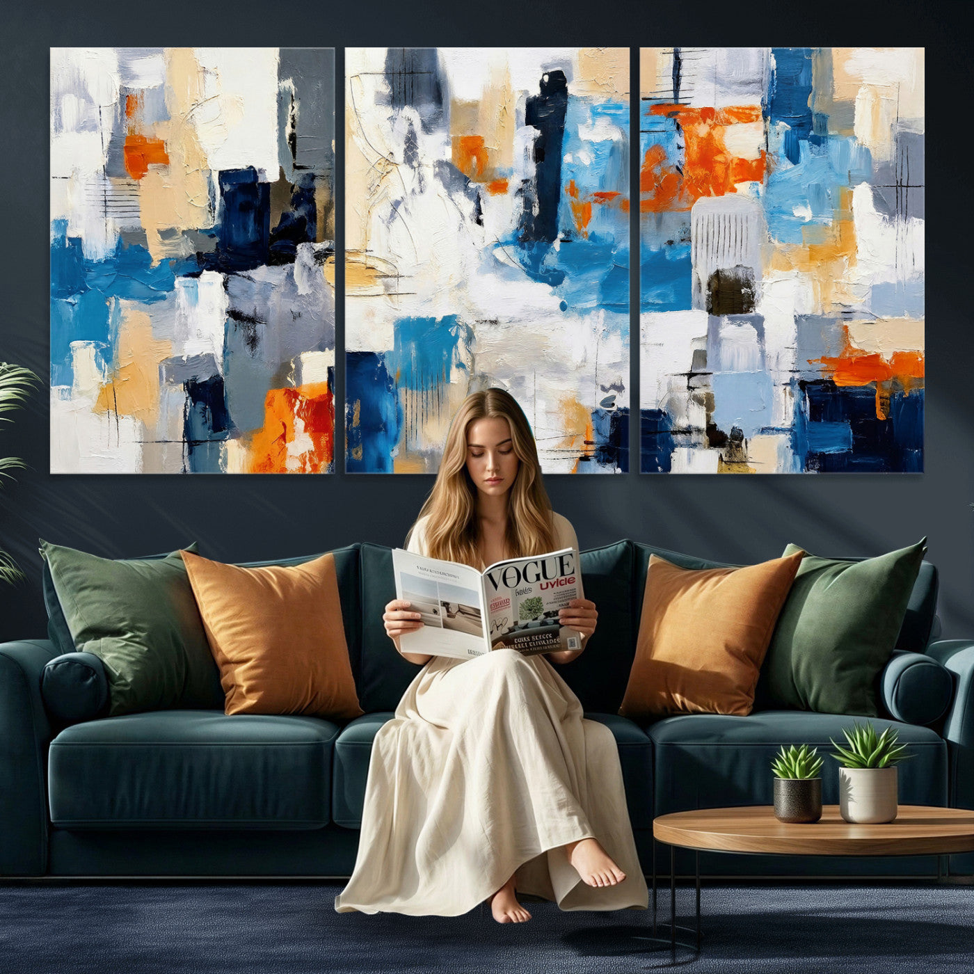 83915061-MGV-CV-36X24 - Blue Teal Abstract Canvas Wall Art, Modern Textured Painting Print, Navy Orange White Contemporary Art, Neutral Living Room Decor, Office Art