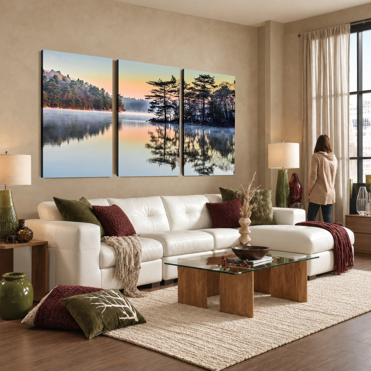 34236027-MGV-CV-36X24 - Before People Wake Canvas Wall Art Print, Misty Lake Sunrise Landscape, Forest Reflection Nature Decor, Ready to Hang