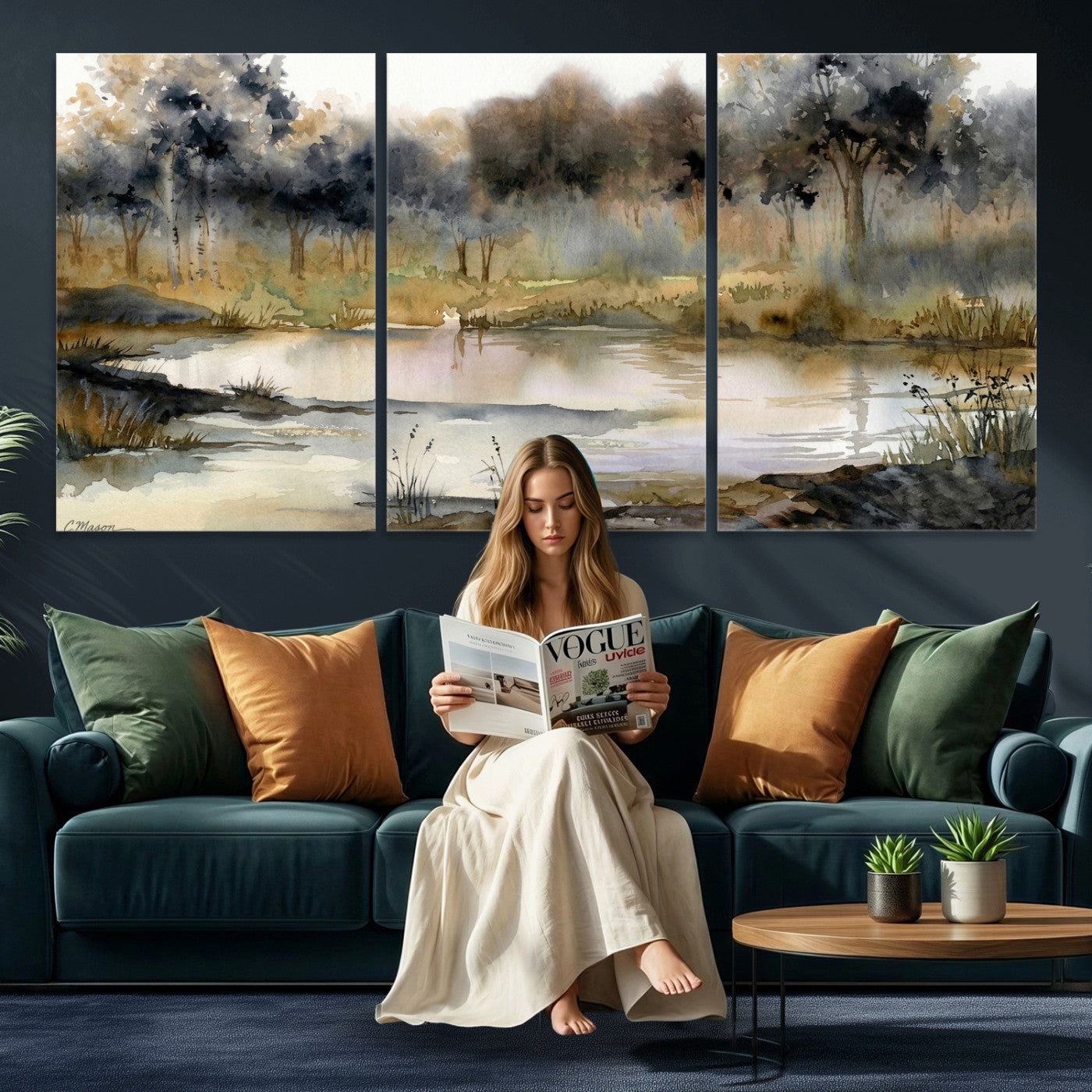 27383609-MGV-CV-36X24 - Abstract WatercolorAutumn Lake Canvas Wall Art Print, Misty Forest Landscape, Rustic Nature Painting, Cabin Wall Decor, Ready to Hang