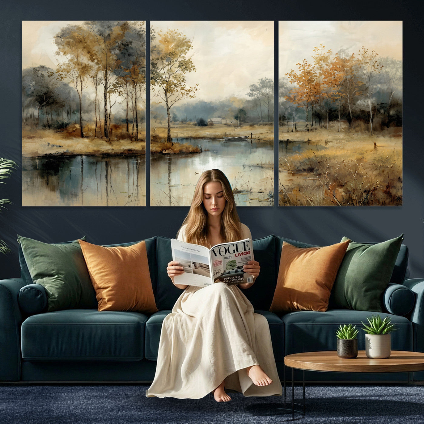 74391095-MGV-CV-36X24 - Abstract WatercolorAutumn Lake Canvas Wall Art Print, Misty Forest Landscape, Rustic Nature Painting, Cabin Wall Decor, Ready to Hang