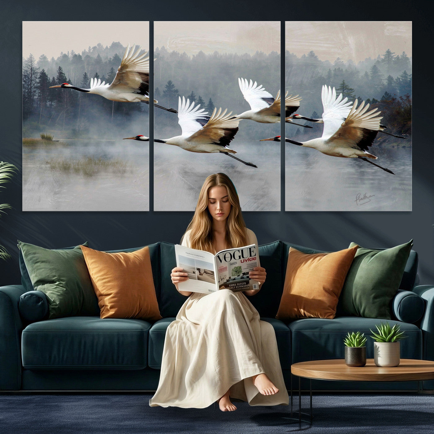 24356826-MGV-CV-36X24 - Flying Crane Canvas Wall Art Print, White Crane Bird Artwork, Wildlife Nature Decor, Lake Landscape Canvas, Ready to Hang