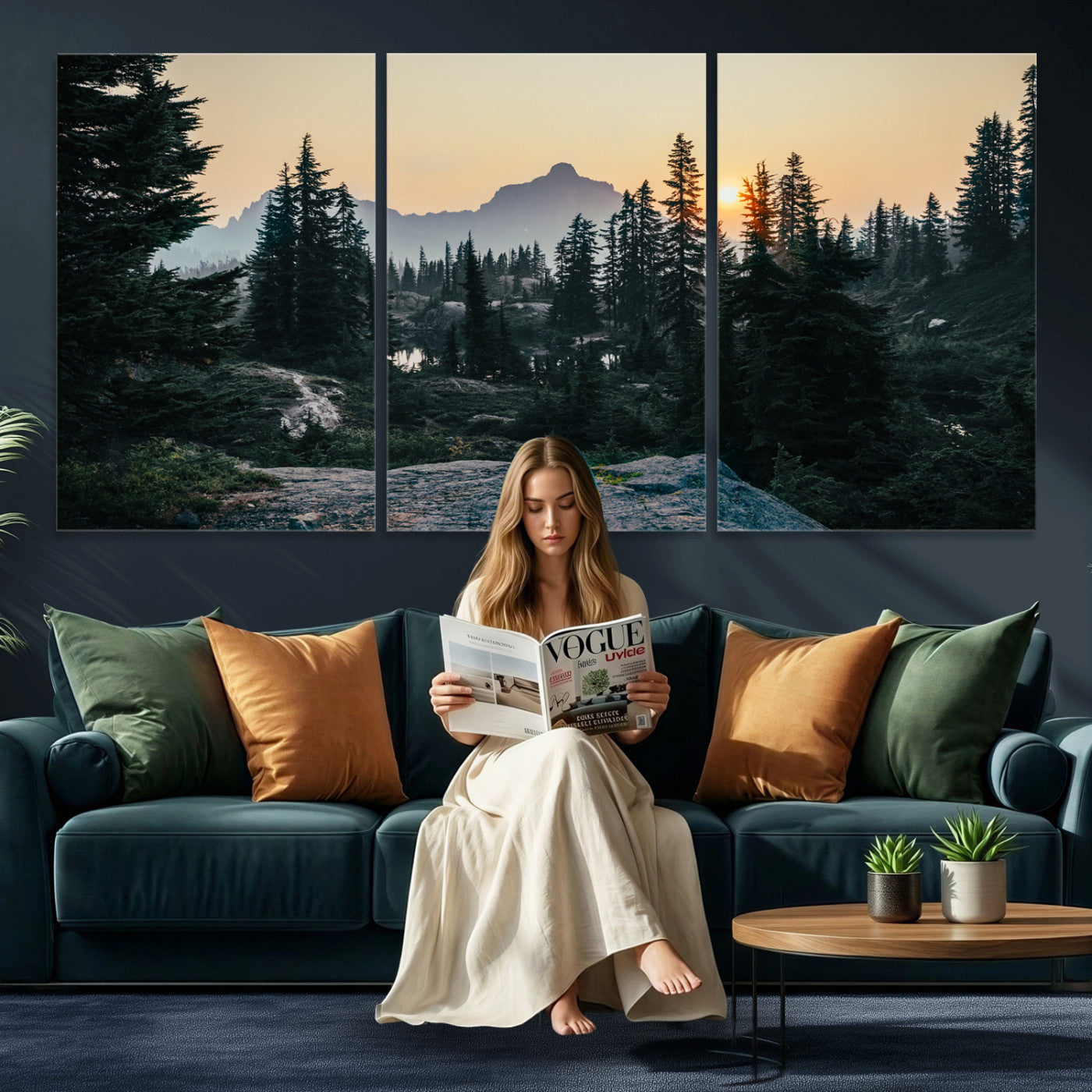 89996020-MGV-CV-36X24 - Mountain Forest Canvas Wall Art Print, Pine Tree Landscape, Sunset Nature Photography, Wilderness Wall Decor, Ready to Hang