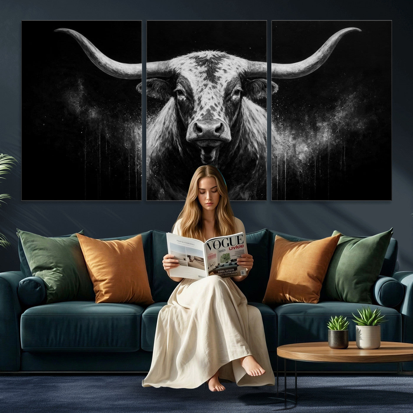 29671077-MGV-CV-60X30-3P - Texas Bull Cow Longhorn Canvas Wall Art Moody Western Bull Oil Painting Print