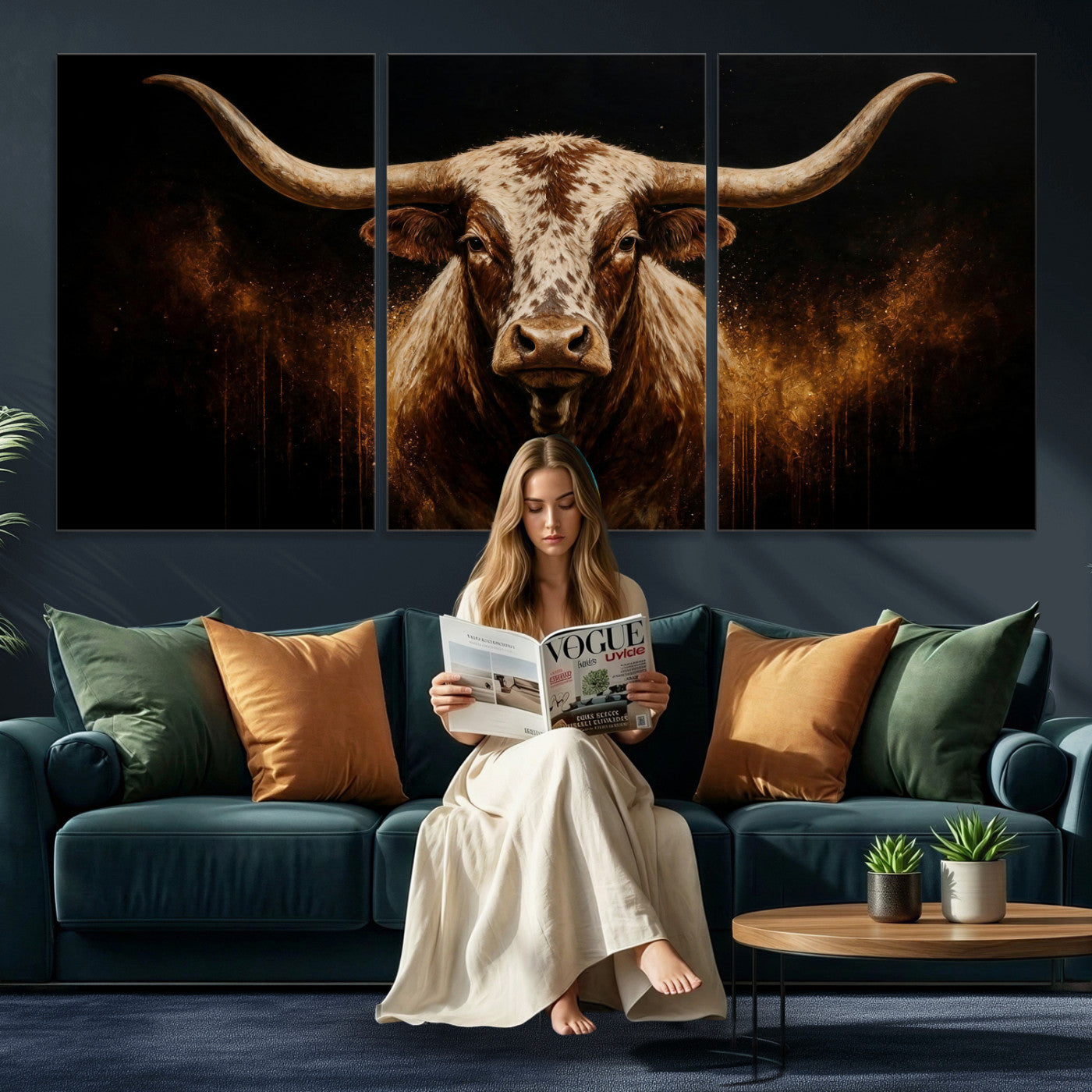 62076449-MGV-CV-48X32-3P - Texas Bull Cow Longhorn Canvas Wall Art Moody Western Bull Oil Painting Print