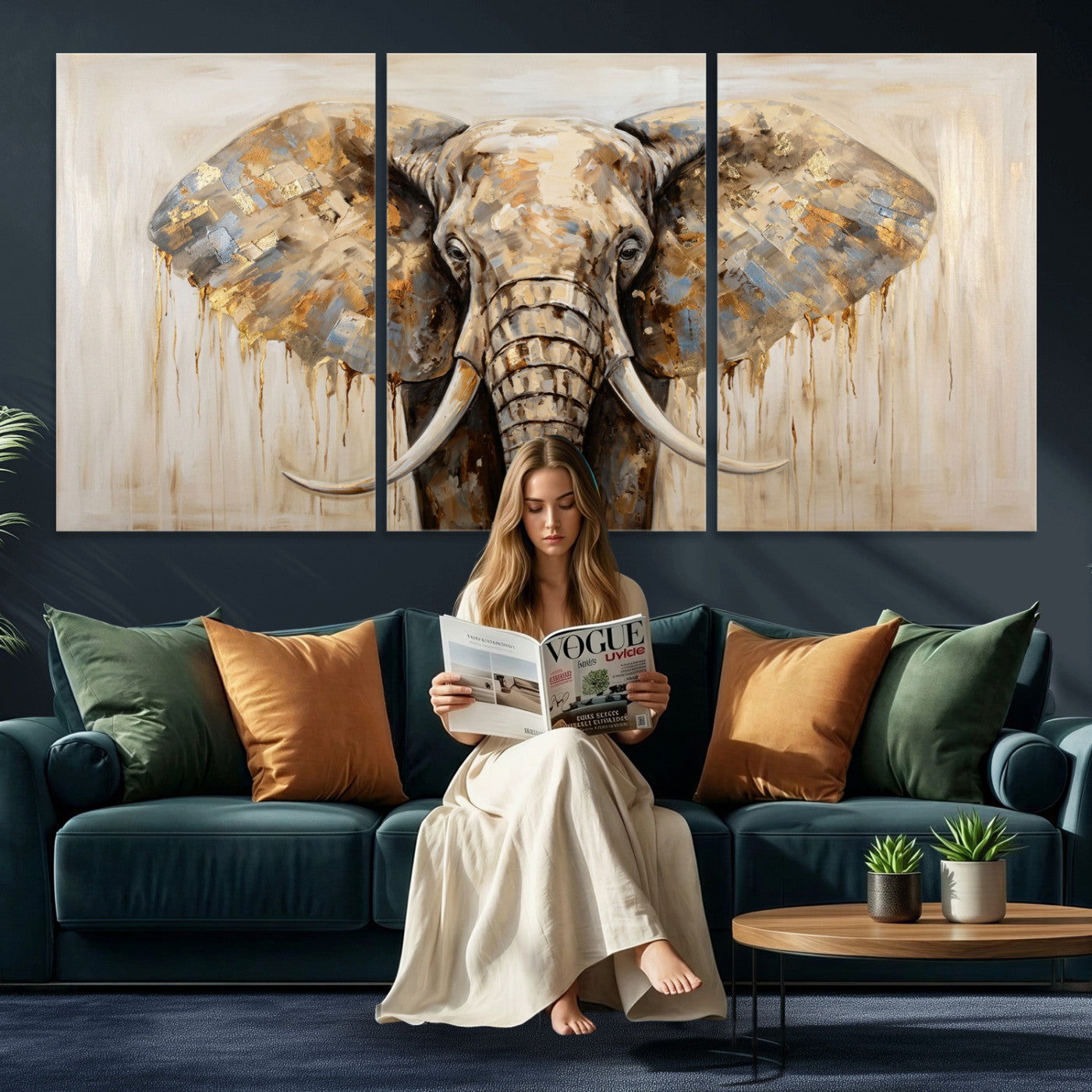 95819221-MGV-CV-36X24 - Gold Leaf Elephant Canvas Wall Art Abstract African Wildlife Painting Print