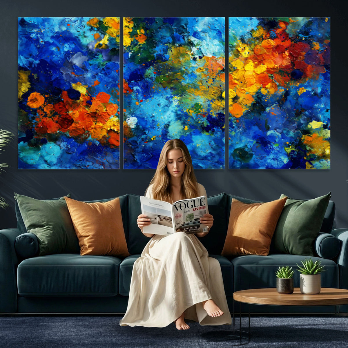 52431611-MGV-CV-36X24 - Vibrant Blue Abstract Canvas Wall Art Colorful Impasto Oil Painting Print