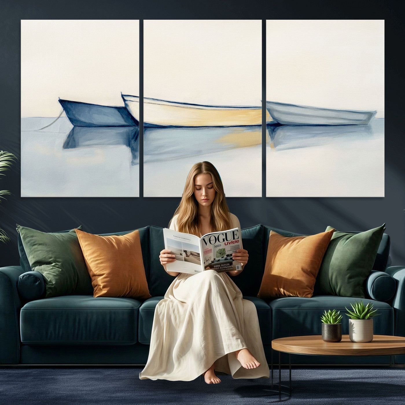 84017361-MGV-CV-36X24 - Abstract Three Boats Reflecting on Water Wall Art Canvas Print - Minimalist Coastal Seascape