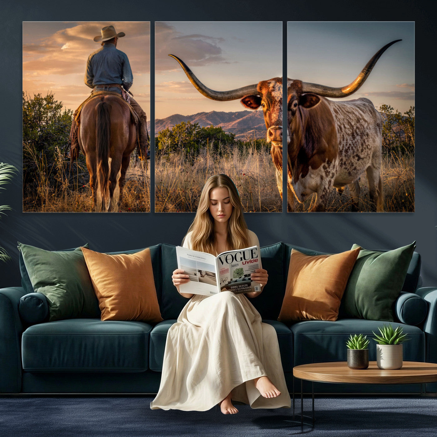 62076449-MGV-CV-60X30-3P - Texas Cow Bull Longhorn Cowboy Western Wall Art Decor for Farmhouse