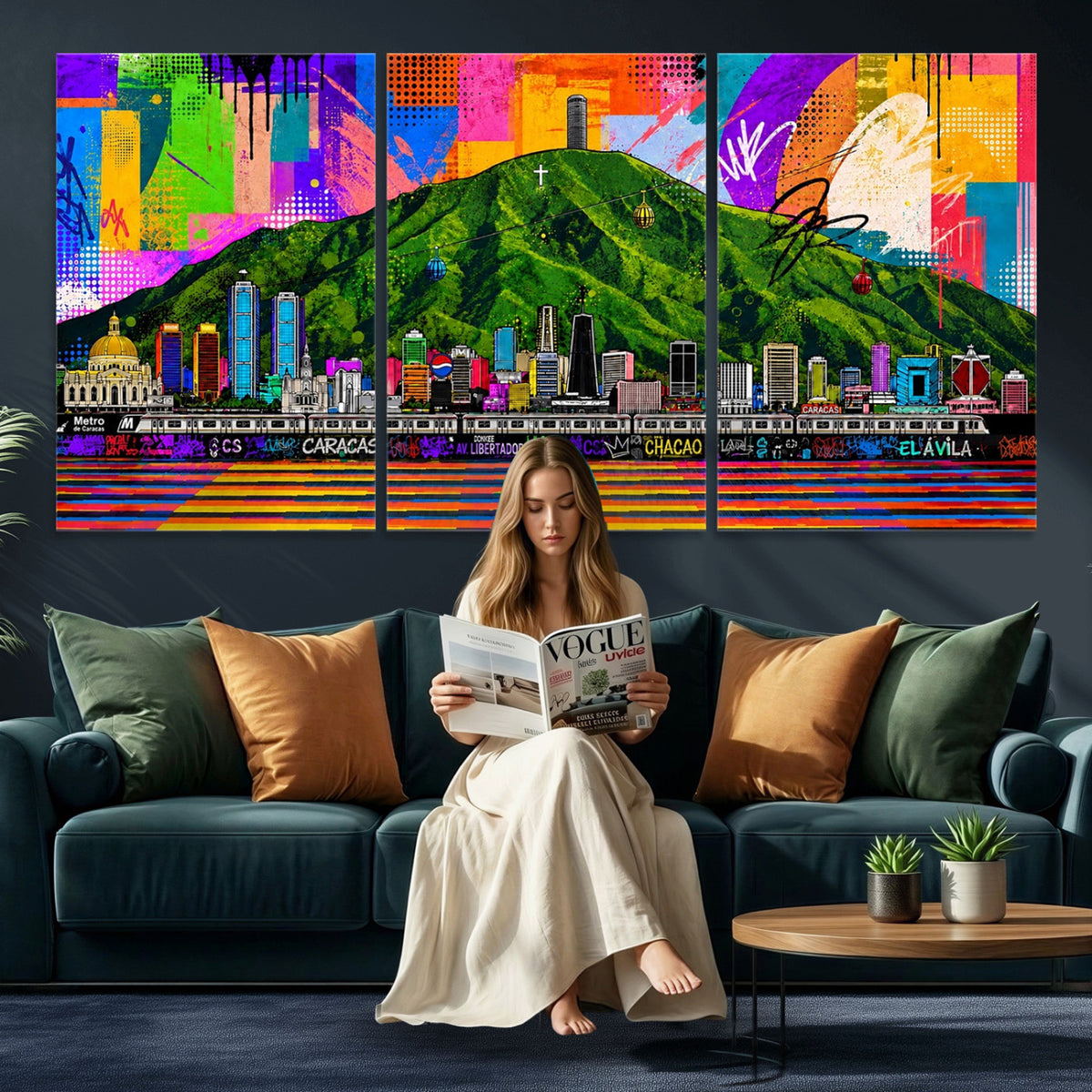 86696255-MGV-CV-36X24 - Mount Ávila, Caracas, Venezuela Wall Art Print by Artist Yorlette - Graffiti Caracas Skyline Canvas Art, Colorful Street Artwork - Venezuela El Avila Poster Print